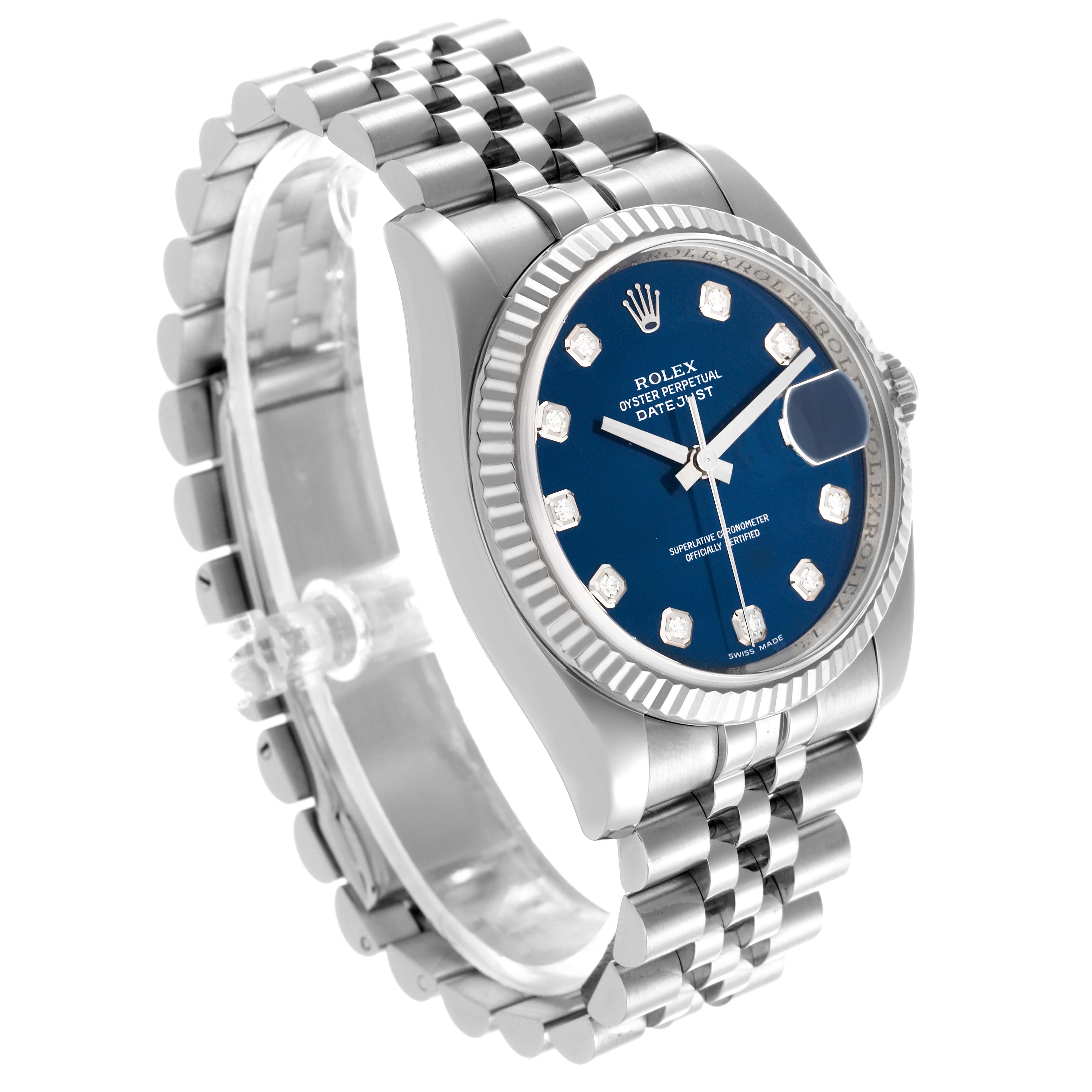 The Rolex Datejust 116234 Men
s Stainless Steel Blue Dial 116234 Men
s Stainless Steel Blue Dial watch is shown at a three-quarter angle, highlighting the blue dial, fluted bezel, and Jubilee bracelet.