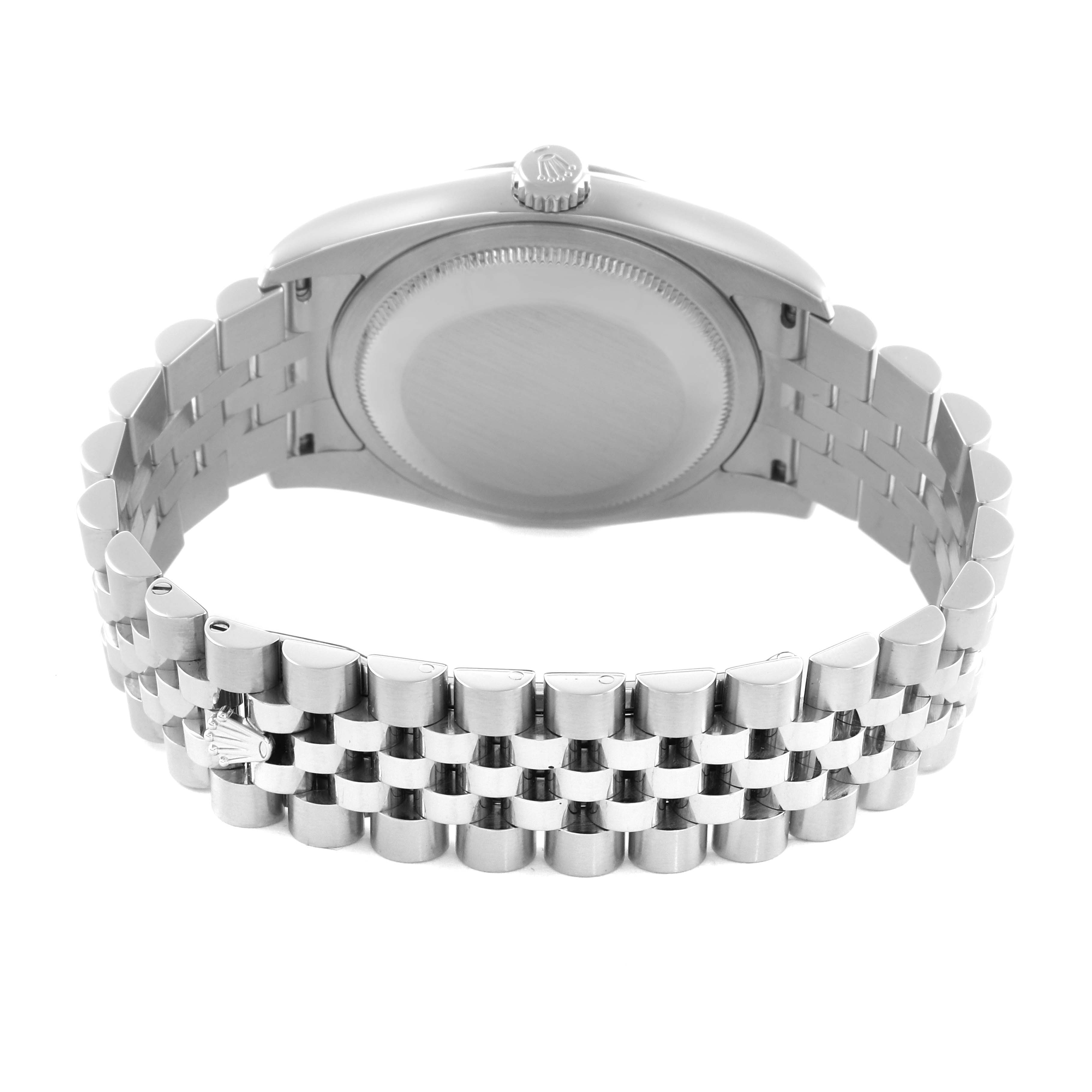 The image shows the back of the Rolex Datejust 116234 Men
s Stainless Steel Blue Dial 116234 Men
s Stainless Steel Blue Dial watch, highlighting its case and Jubilee bracelet.