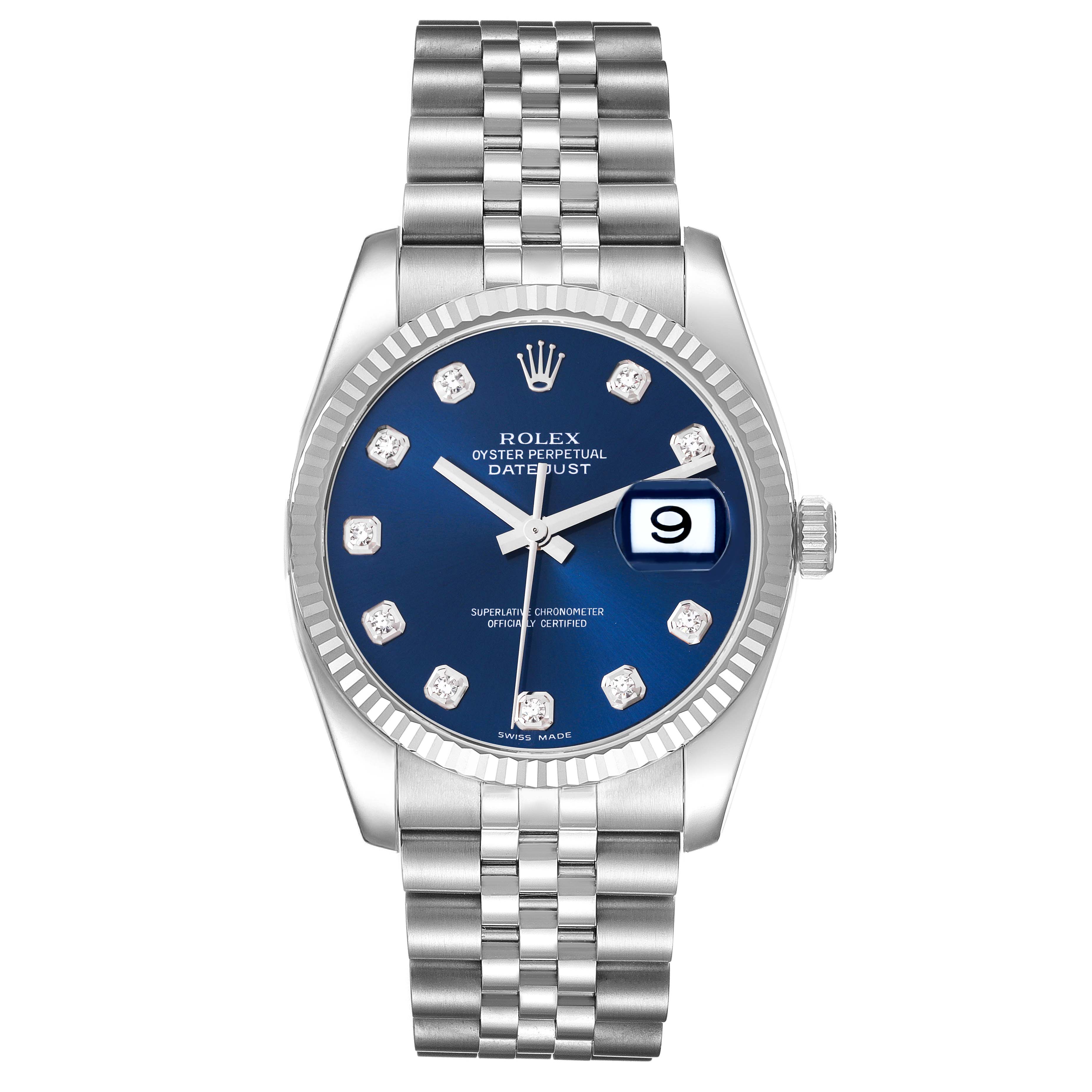 This image shows a front view of the Rolex Datejust 116234 Men
s Stainless Steel Blue Dial 116234 Men
s Stainless Steel Blue Dial, highlighting the dial, bezel, and bracelet.