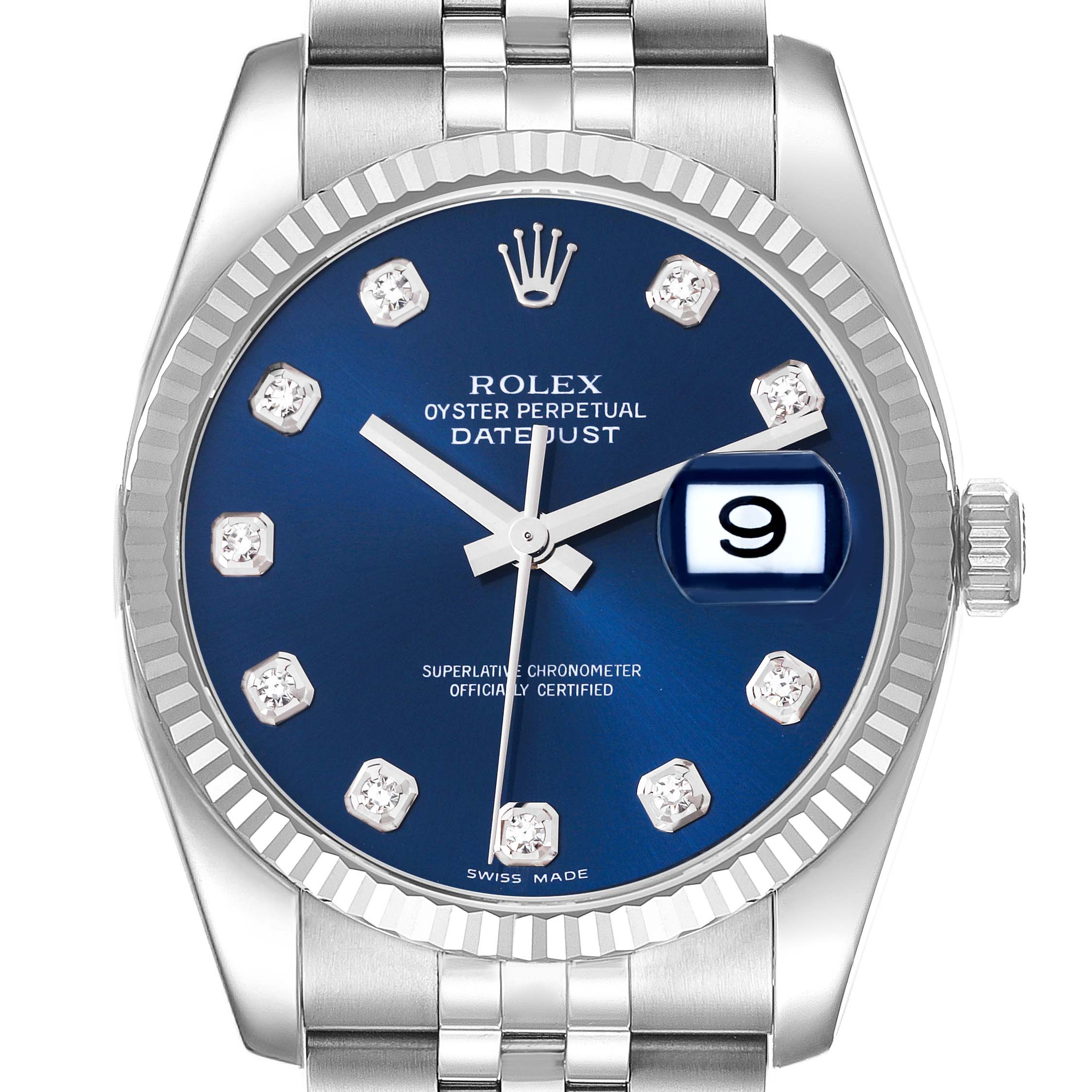 The Rolex Datejust 116234 Men
s Stainless Steel Blue Dial 116234 Men
s Stainless Steel Blue Dial watch is shown from the front, highlighting the blue dial, diamond hour markers, and fluted bezel.