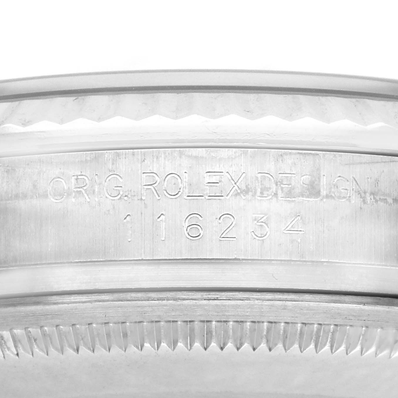 The image shows an engraved side view of the Rolex Datejust 116234 Men
s Stainless Steel Blue Dial 116234 Men
s Stainless Steel Blue Dial model
s case with the text "Orig. Rolex Design" and model number 16234.