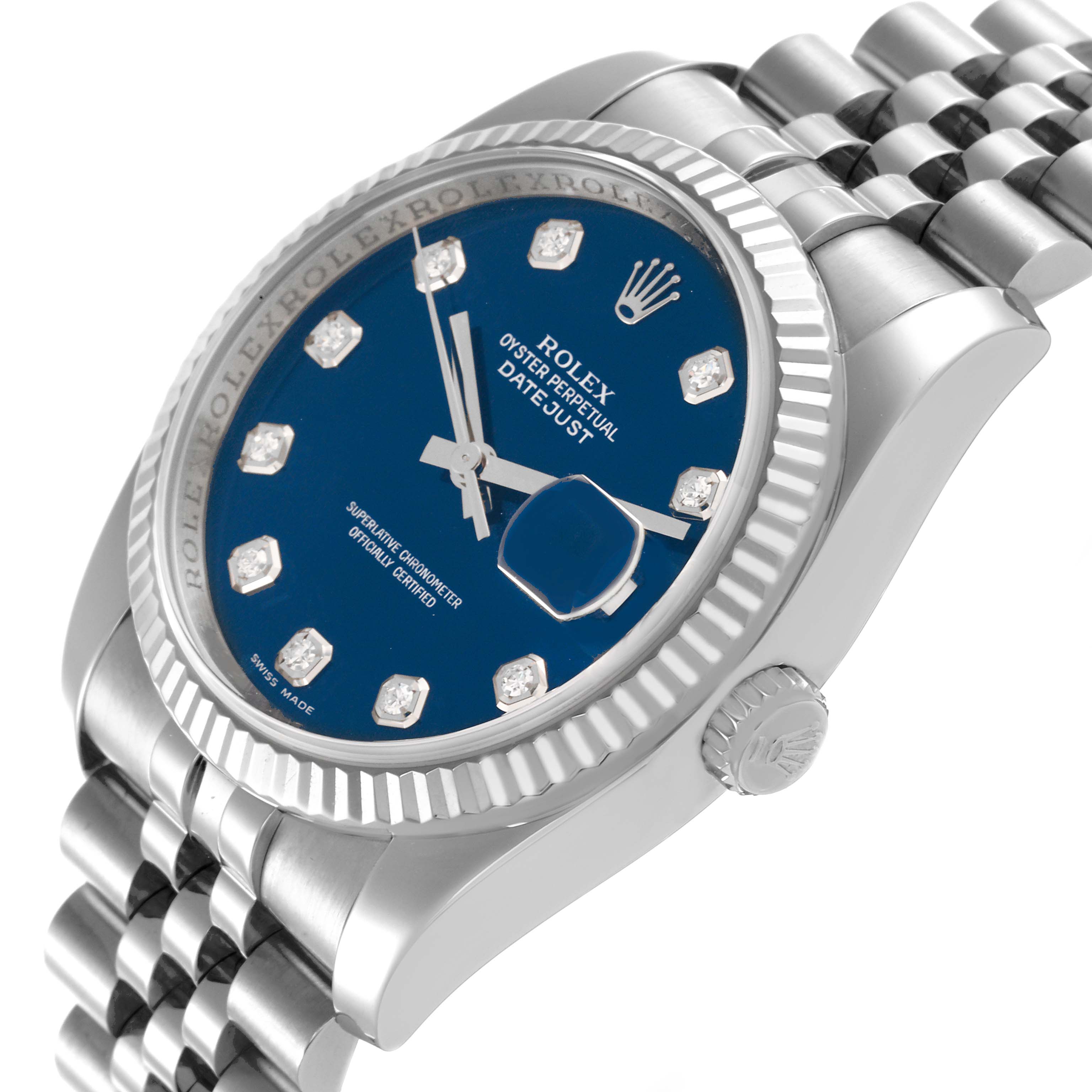 The Rolex Datejust 116234 Men
s Stainless Steel Blue Dial 116234 Men
s Stainless Steel Blue Dial watch is shown at a side angle, highlighting the face, bezel, crown, and bracelet.
