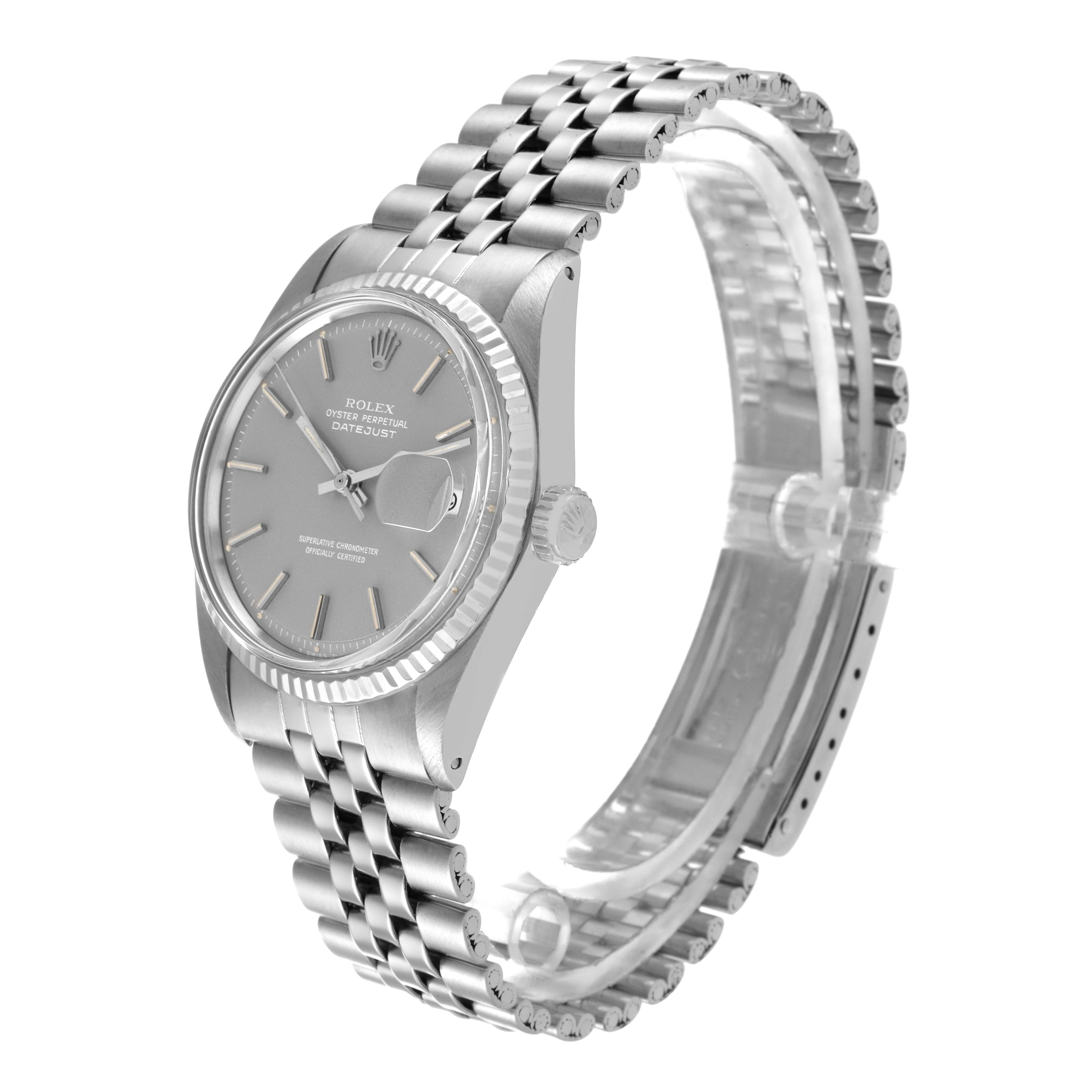 The image shows a side angle of the Rolex Vintage Collection 1601 Men
s Stainless Steel Grey Dial 1601 Men
s Stainless Steel Grey Dial Datejust watch, highlighting the face, bezel, crown, and bracelet.