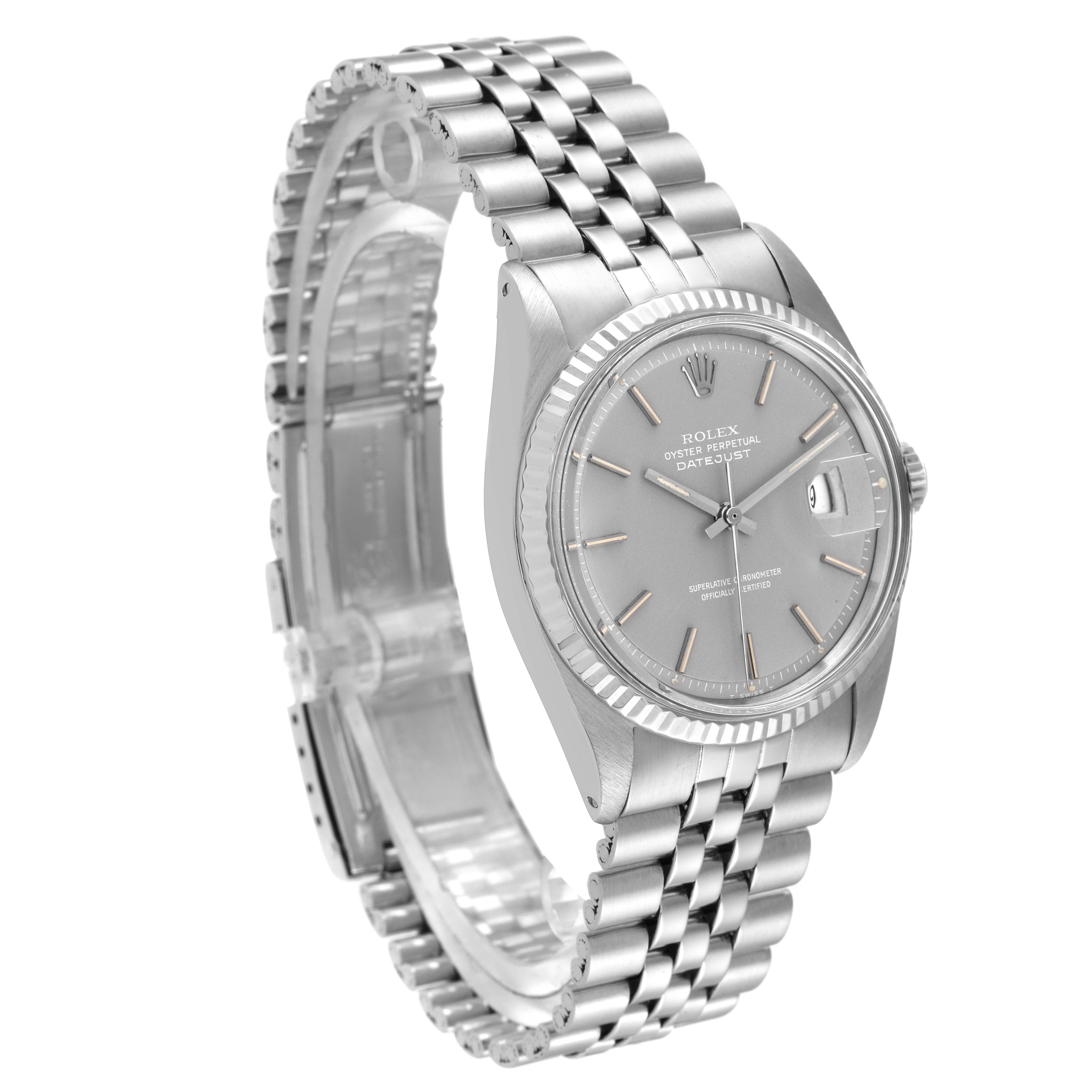 The image shows a side angle of the Rolex Vintage Collection 1601 Men
s Stainless Steel Grey Dial 1601 Men
s Stainless Steel Grey Dial model, displaying its face, bezel, and bracelet.