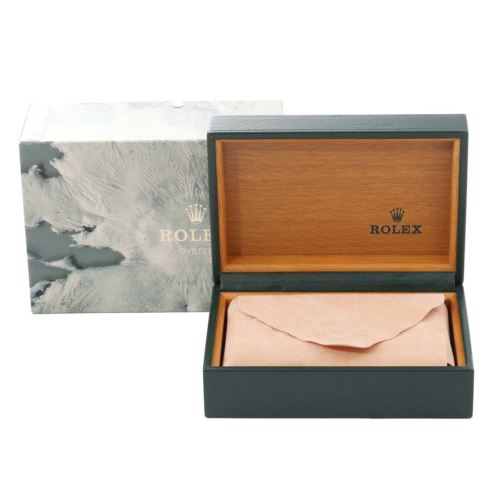 The image shows an open watch box and outer packaging for the Rolex Vintage Collection 1601 Men
s Stainless Steel Grey Dial 1601 Men
s Stainless Steel Grey Dial model, with the Rolex logo visible.