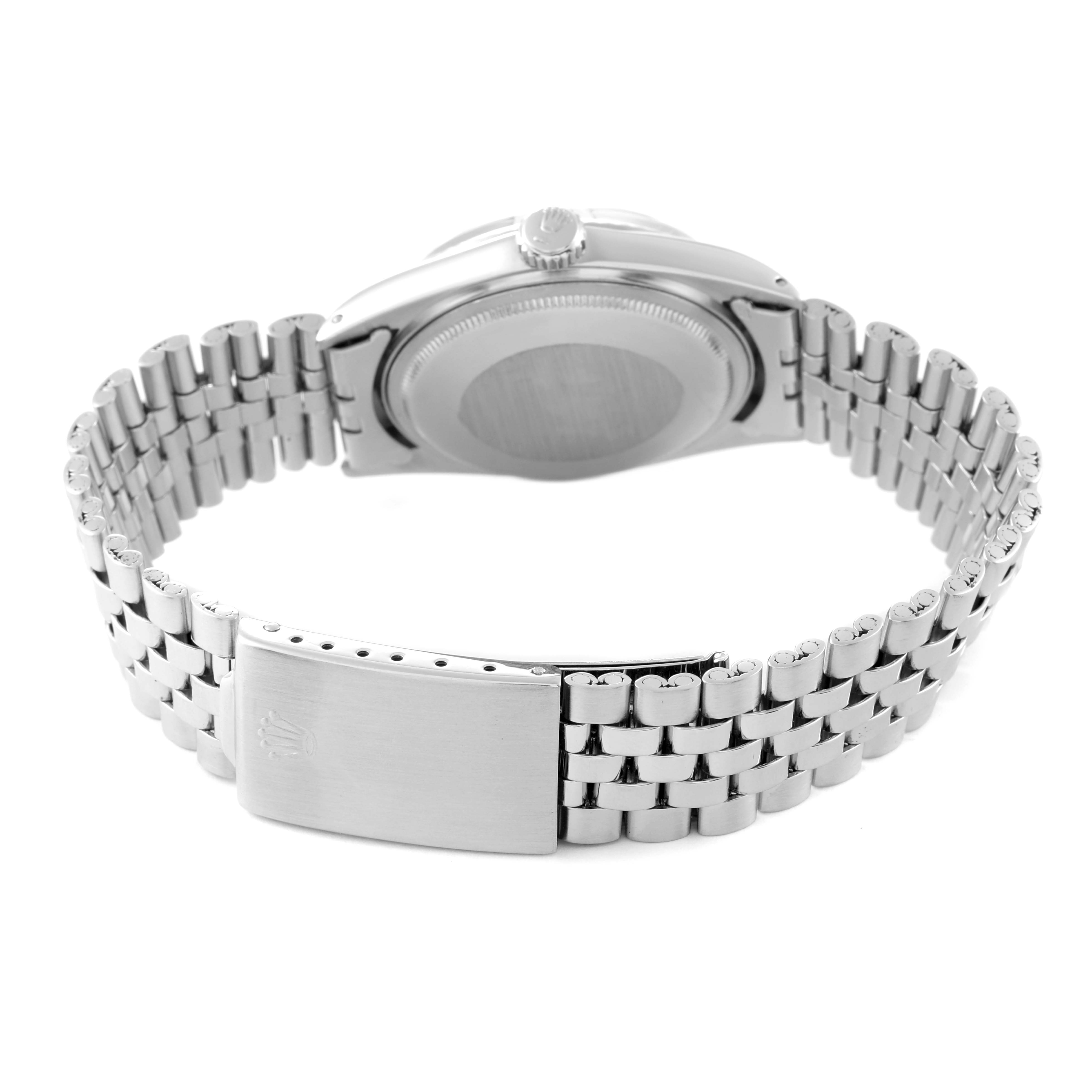 The image shows the back view of the Rolex Vintage Collection 1601 Men
s Stainless Steel Grey Dial 1601 Men
s Stainless Steel Grey Dial watch, highlighting the clasp, bracelet, and case back.