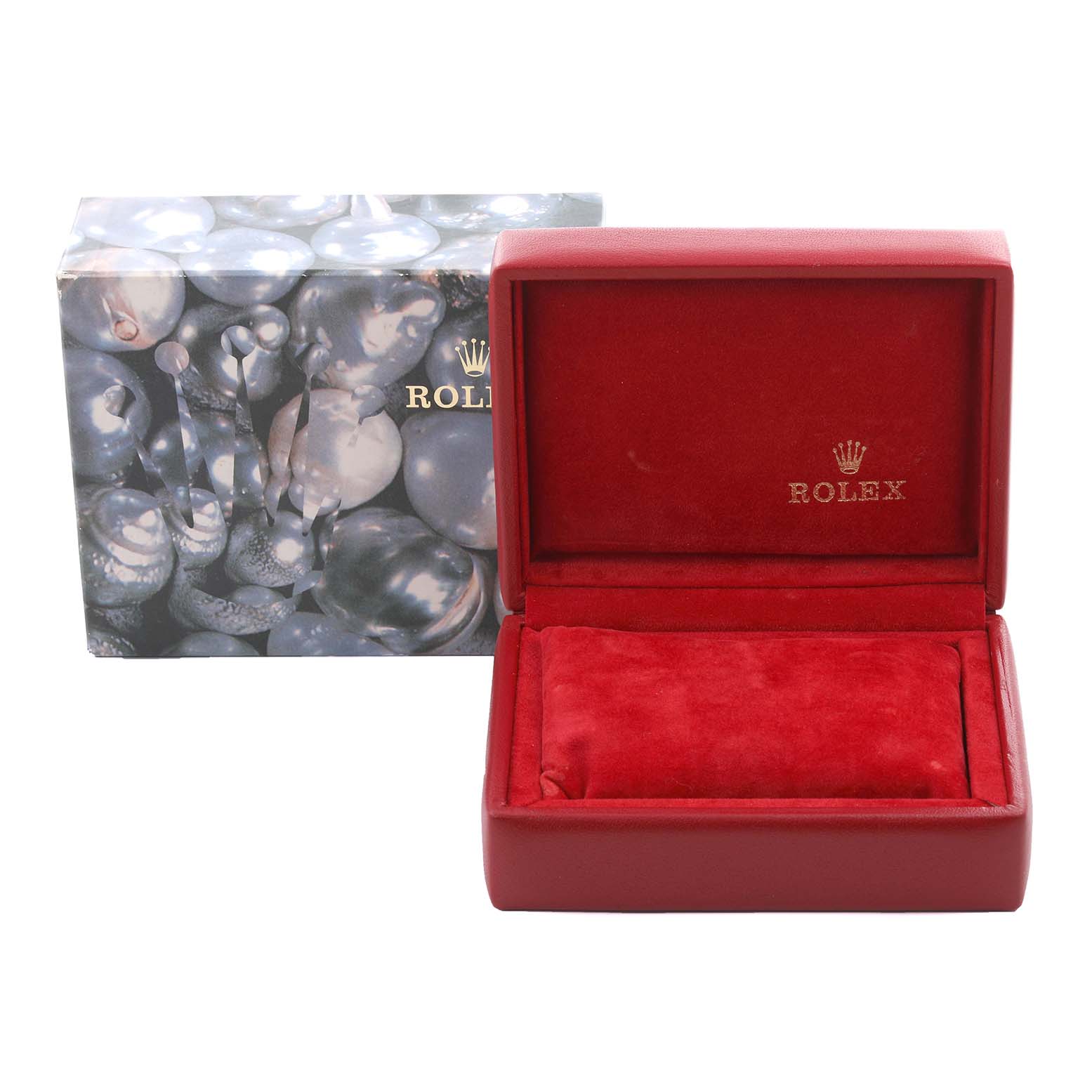 The image shows the packaging for a Rolex Datejust 79174 Women's Stainless Steel Mother of Pearl Dial 79174 Women's Stainless Steel Mother of Pearl Dial watch, including a red box and an outer box with a bubble design.