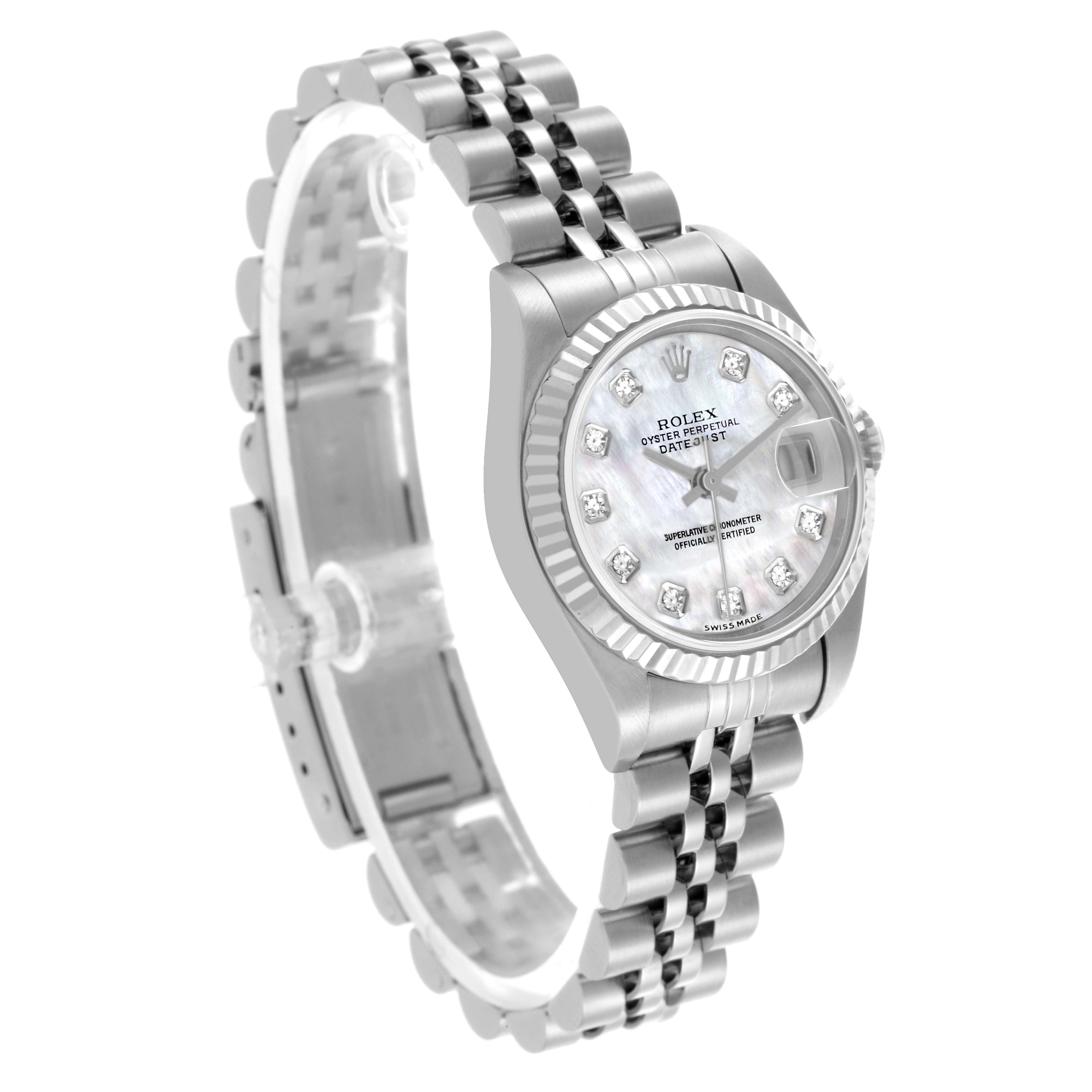 The Rolex Datejust 79174 Women's Stainless Steel Mother of Pearl Dial 79174 Women's Stainless Steel Mother of Pearl Dial watch is shown at a 3/4 angle, displaying the face, bezel, and bracelet.
