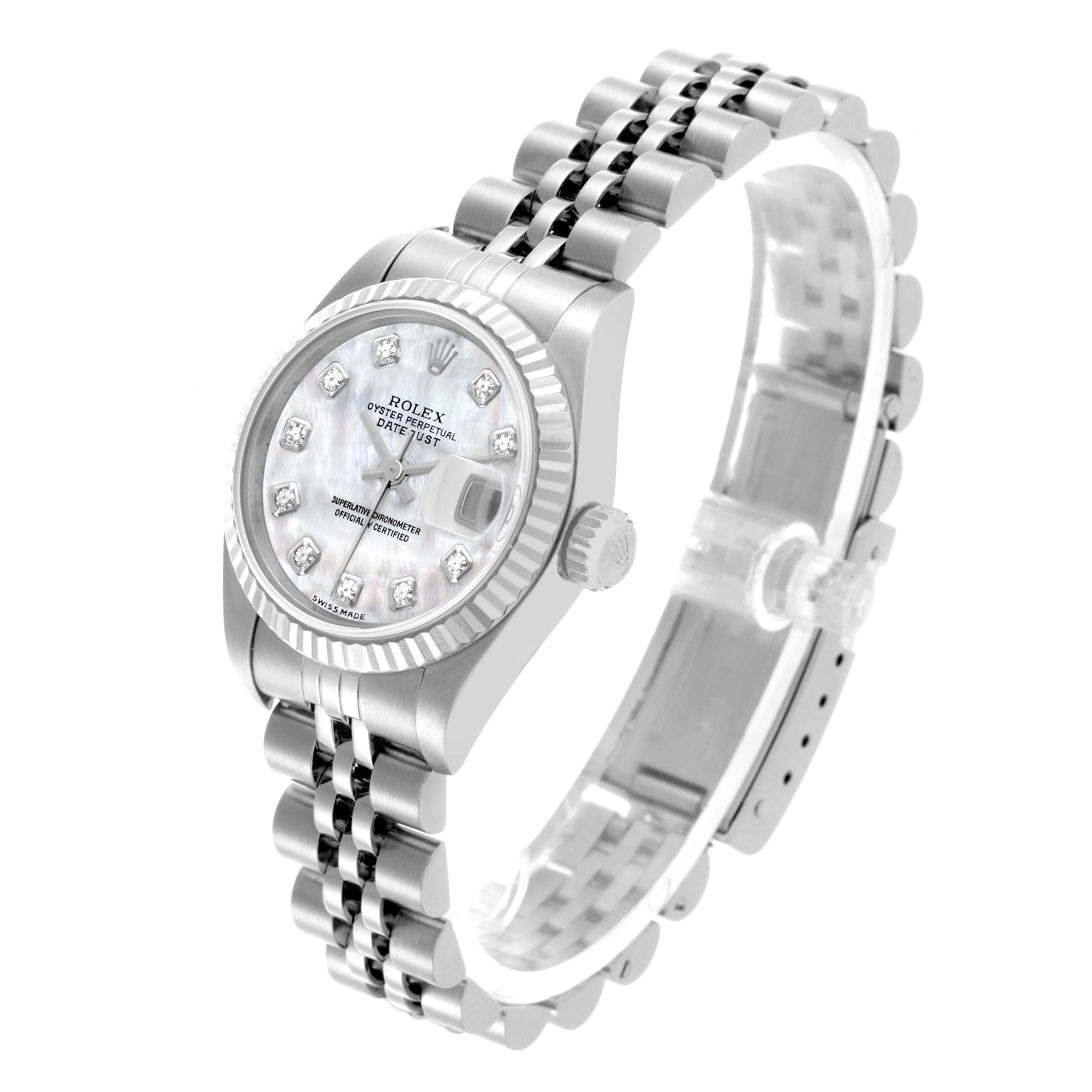 The Rolex Datejust 79174 Women's Stainless Steel Mother of Pearl Dial 79174 Women's Stainless Steel Mother of Pearl Dial watch is shown at a 3/4 angle highlighting the dial, bezel, bracelet, and crown.