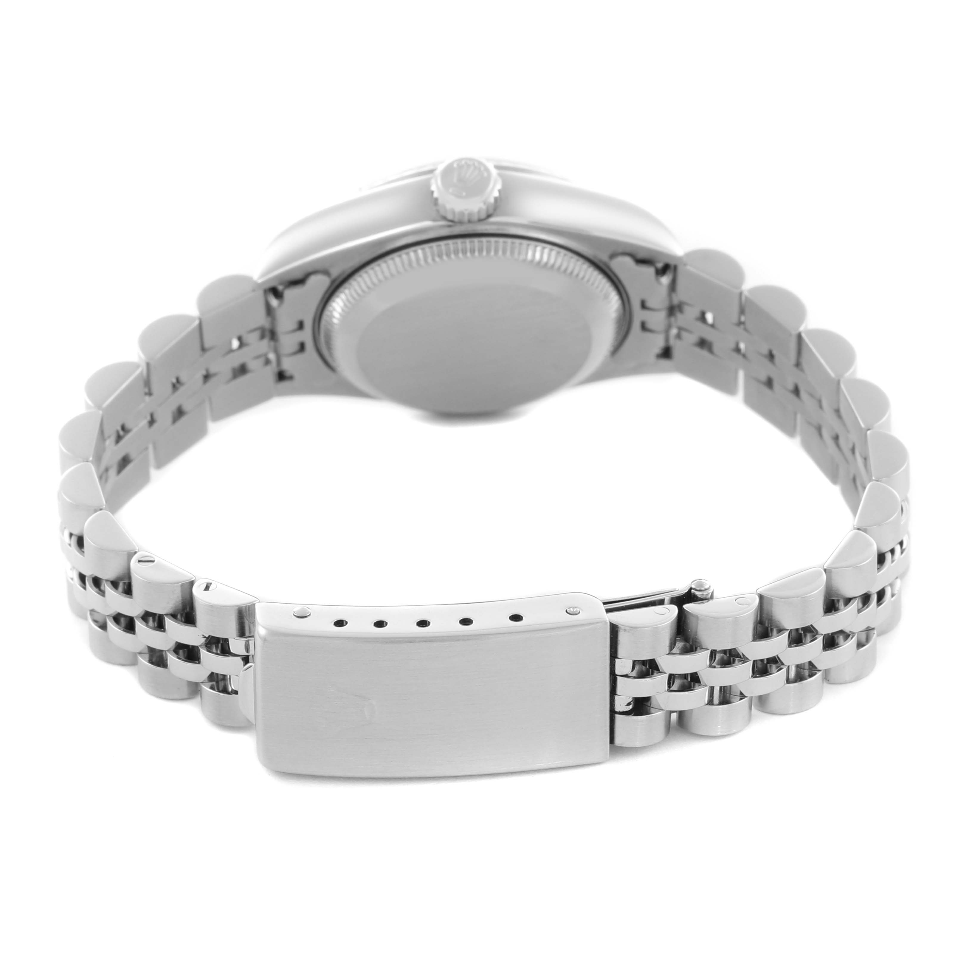 The image shows the back and bracelet clasp of a Rolex Datejust 79174 Women's Stainless Steel Mother of Pearl Dial 79174 Women's Stainless Steel Mother of Pearl Dial watch from a rear angle.