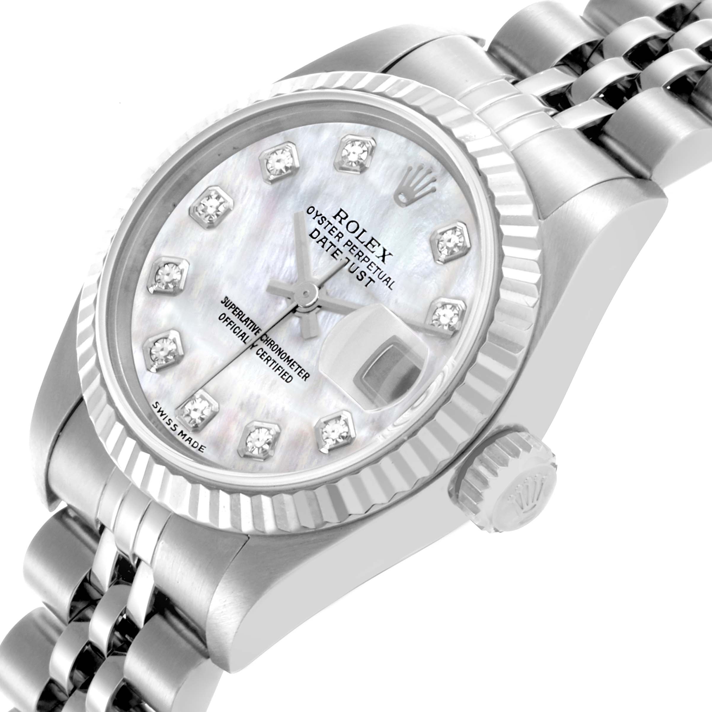 The Rolex Datejust 79174 Women's Stainless Steel Mother of Pearl Dial 79174 Women's Stainless Steel Mother of Pearl Dial watch is shown at an angled side view with focus on the dial, bezel, crown, and part of the bracelet.
