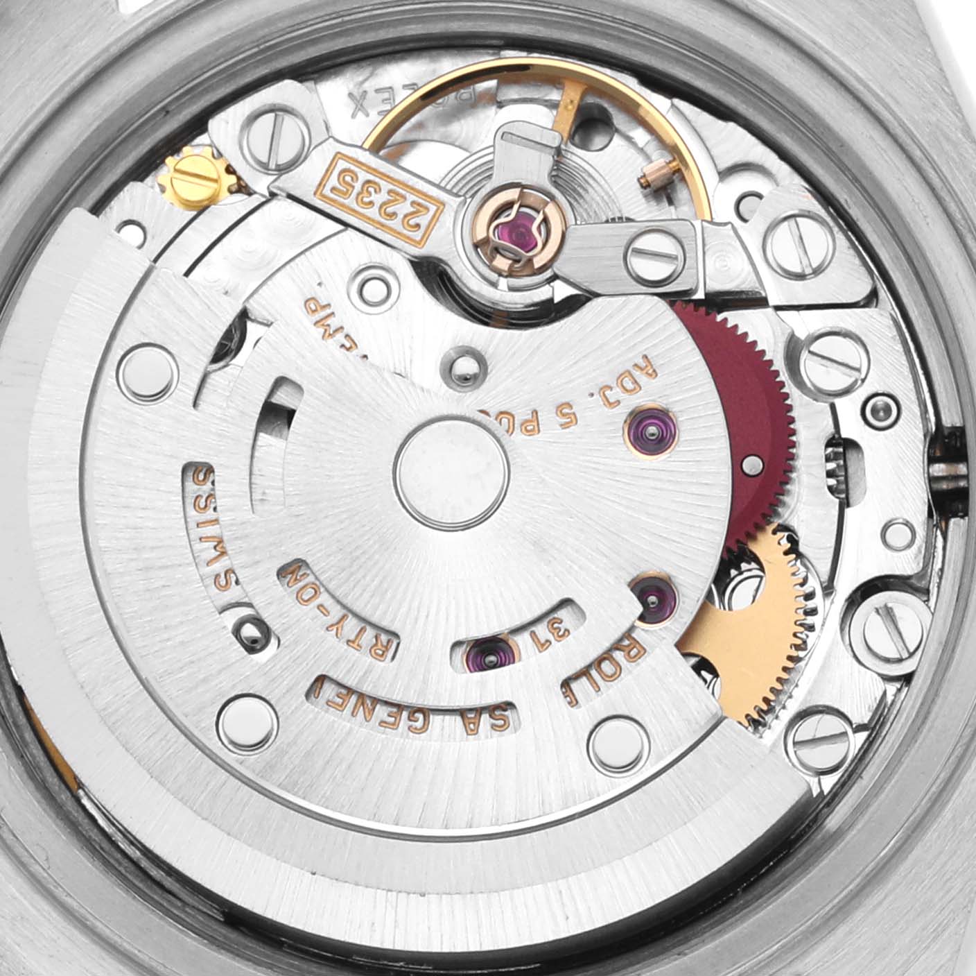 The image shows the movement mechanism of a Rolex Datejust 79174 Women's Stainless Steel Mother of Pearl Dial 79174 Women's Stainless Steel Mother of Pearl Dial watch from a top-down angle.