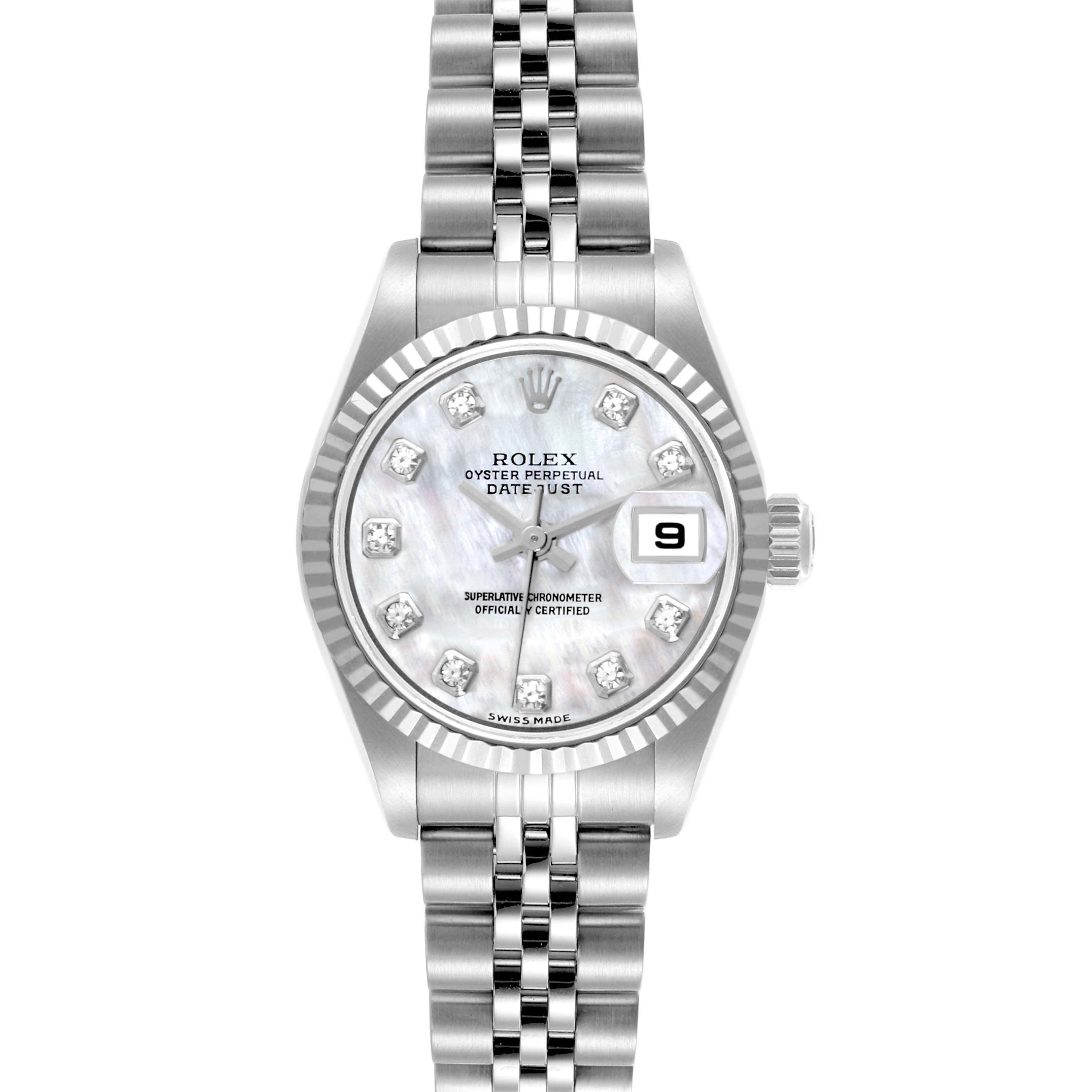 The Rolex Datejust 79174 Women's Stainless Steel Mother of Pearl Dial 79174 Women's Stainless Steel Mother of Pearl Dial watch is shown from the front, displaying the face, bezel, and bracelet clearly.
