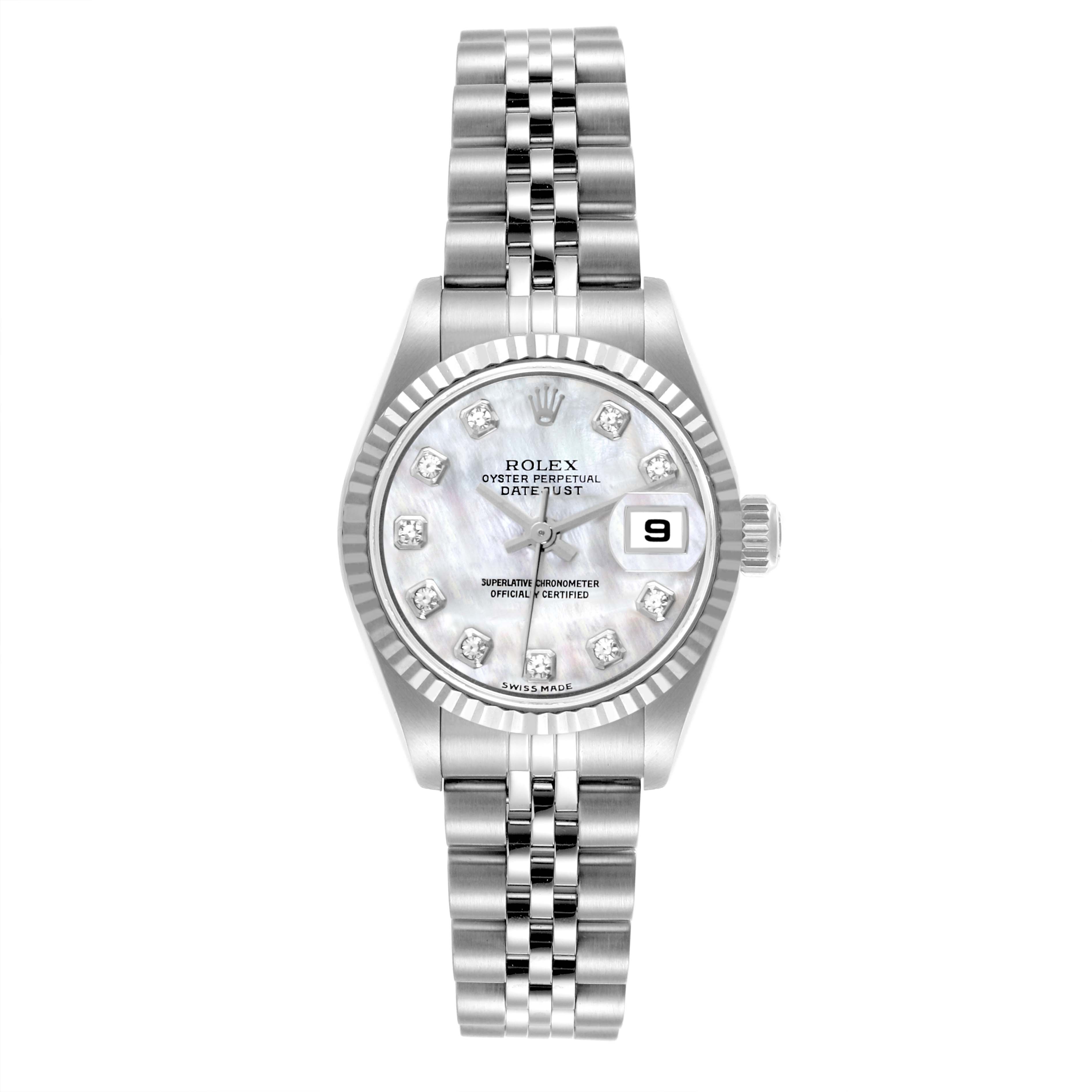 The Rolex Datejust 79174 Women's Stainless Steel Mother of Pearl Dial 79174 Women's Stainless Steel Mother of Pearl Dial watch is shown from the front, displaying the dial, bezel, and bracelet.