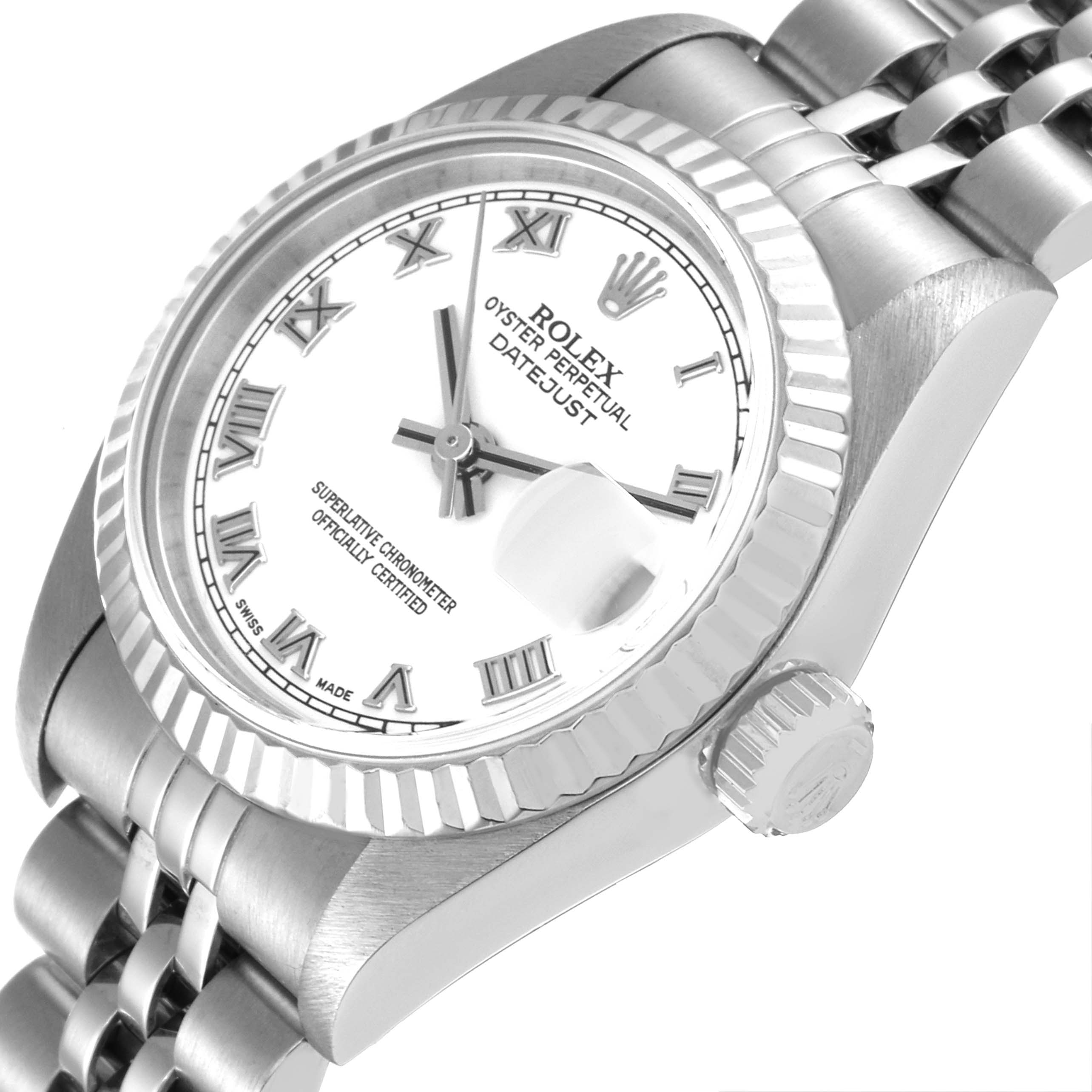 The Rolex Datejust 79174 Women's Stainless Steel White Dial 79174 Women's Stainless Steel White Dial watch is shown at an angle highlighting the face, bezel, crown, and part of the bracelet.
