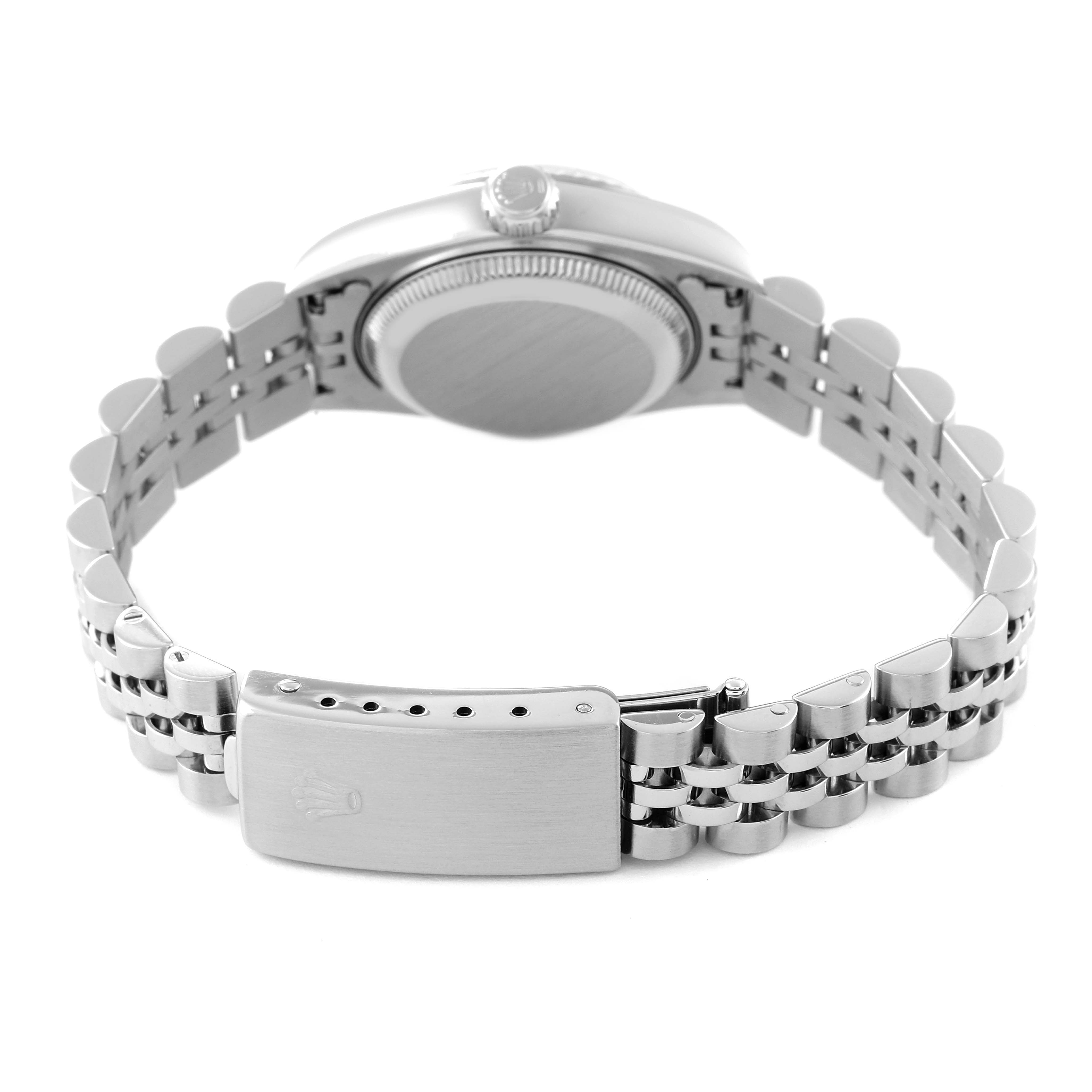 The image shows the back view of a Rolex Datejust 79174 Women's Stainless Steel White Dial 79174 Women's Stainless Steel White Dial watch, highlighting its clasp and bracelet.