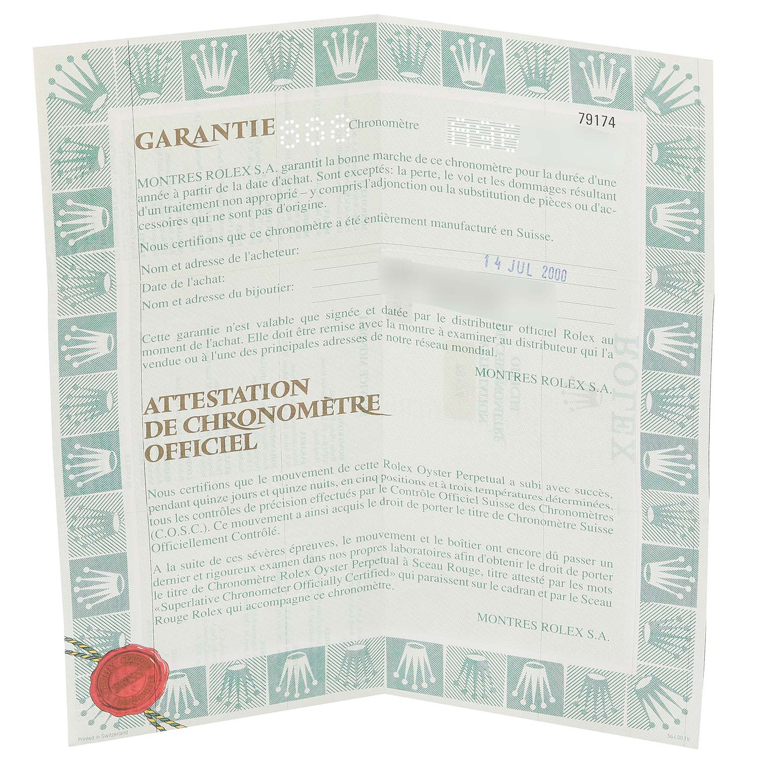 This image shows a warranty certificate for a Rolex Datejust 79174 Women's Stainless Steel White Dial 79174 Women's Stainless Steel White Dial watch, displaying text in French and decorative elements.