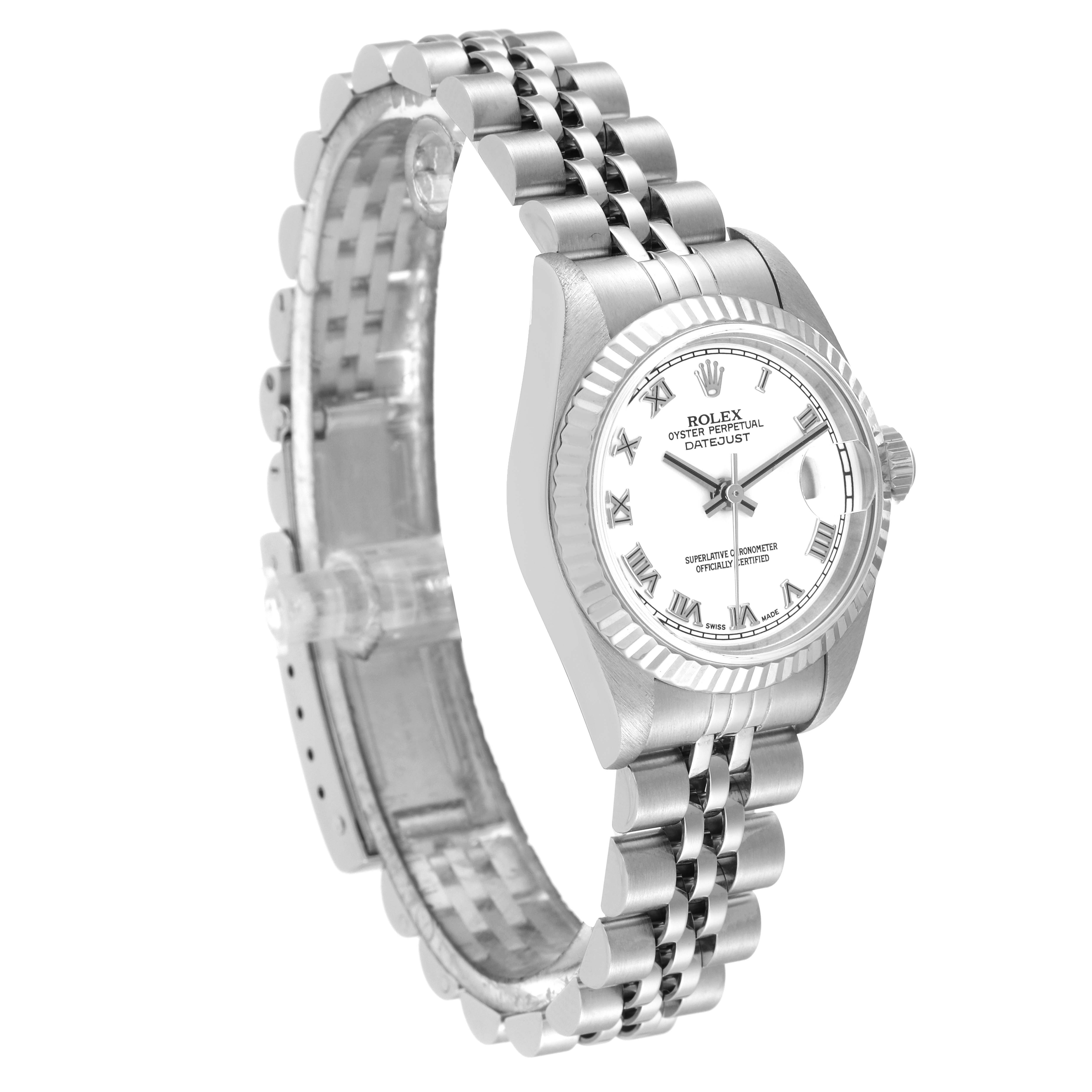 The image shows a Rolex Datejust 79174 Women's Stainless Steel White Dial 79174 Women's Stainless Steel White Dial watch from a front angle, highlighting its face, bezel, and jubilee bracelet.