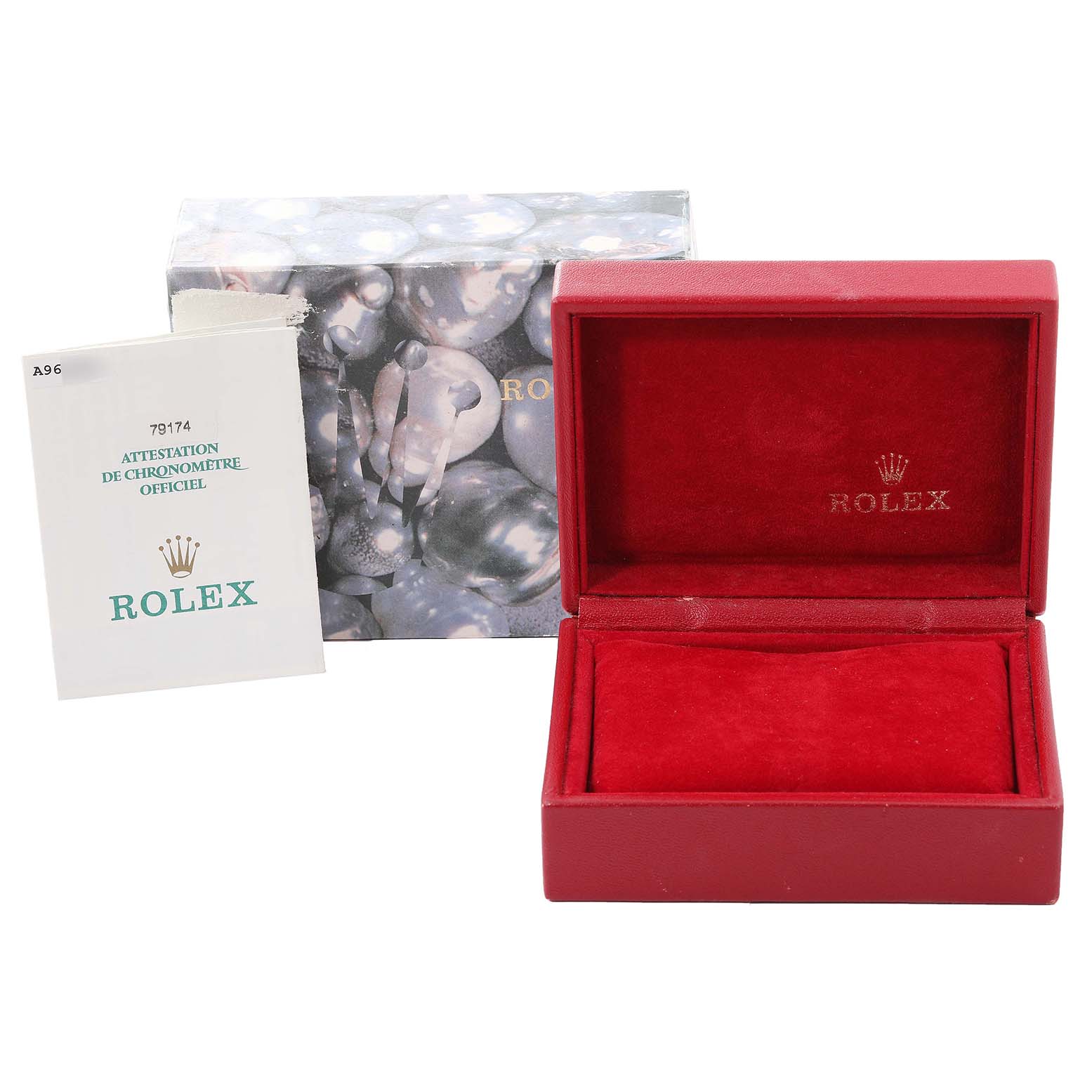 The image shows a Rolex Datejust 79174 Women's Stainless Steel White Dial 79174 Women's Stainless Steel White Dial watch's red presentation box, outer box, and an official chronometer certificate.