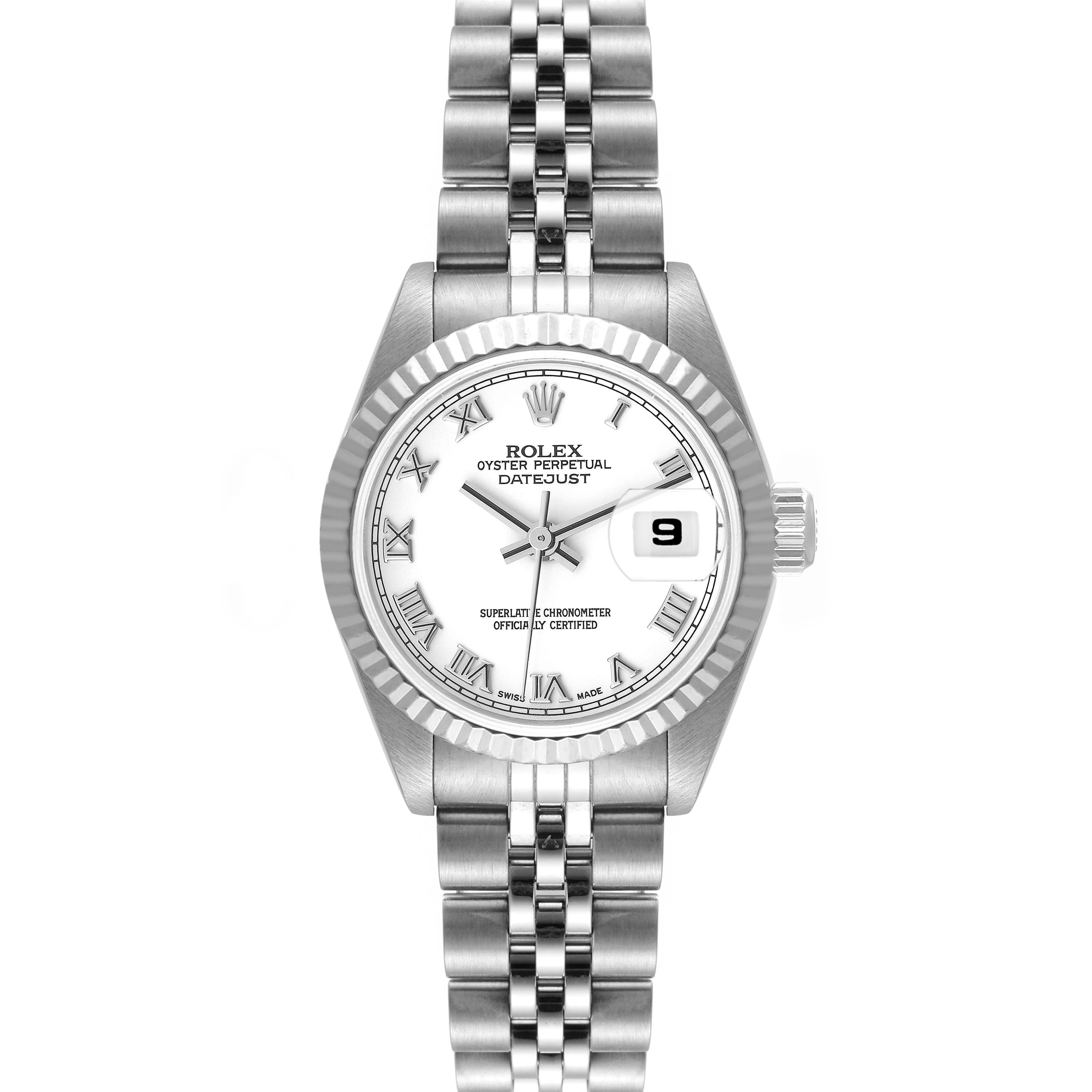 The image shows a front view of a Rolex Datejust 79174 Women's Stainless Steel White Dial 79174 Women's Stainless Steel White Dial watch with a stainless steel bracelet and a white dial displaying the date.