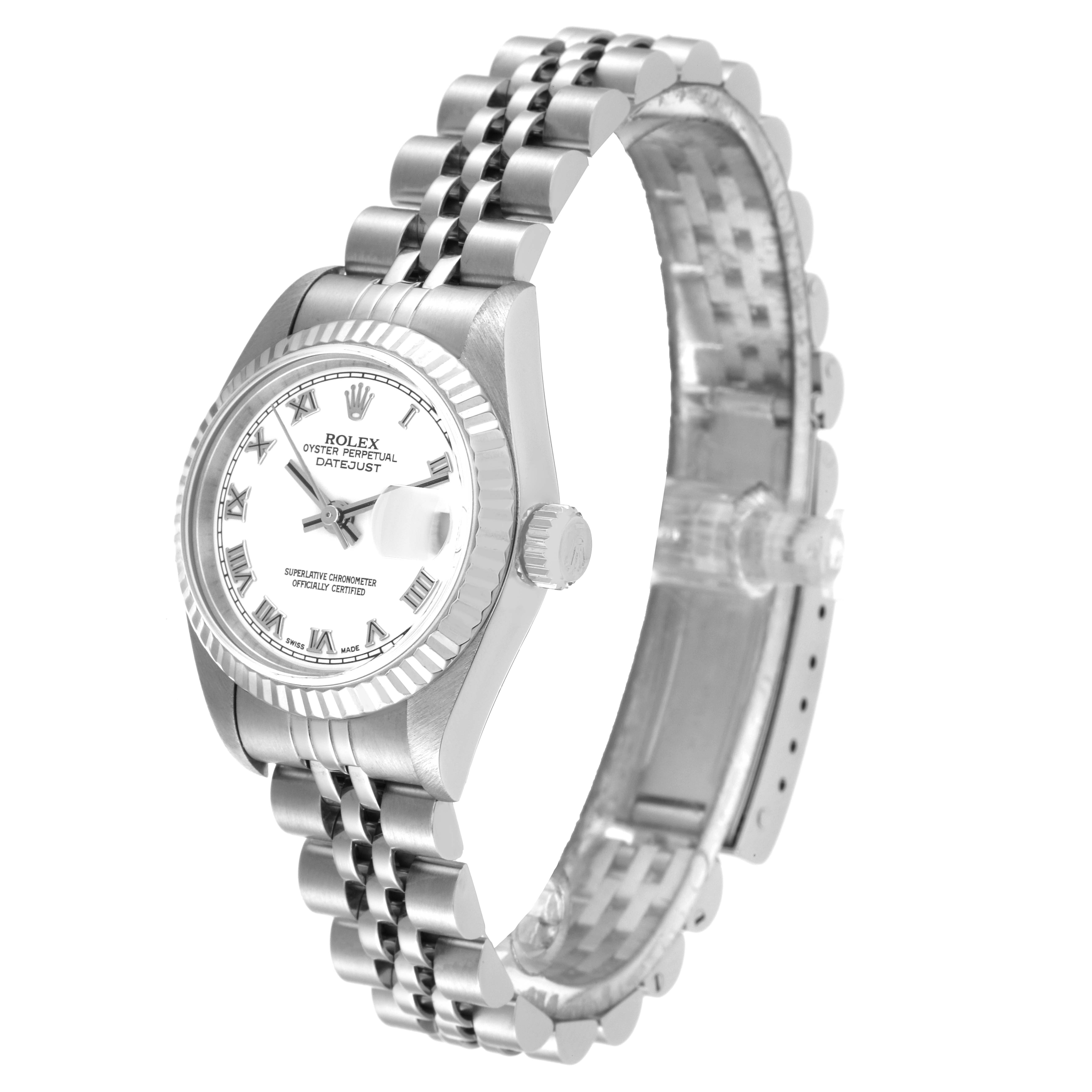 The Rolex Datejust 79174 Women's Stainless Steel White Dial 79174 Women's Stainless Steel White Dial watch is shown at a slight angle, displaying the dial, bezel, crown, and part of the bracelet.