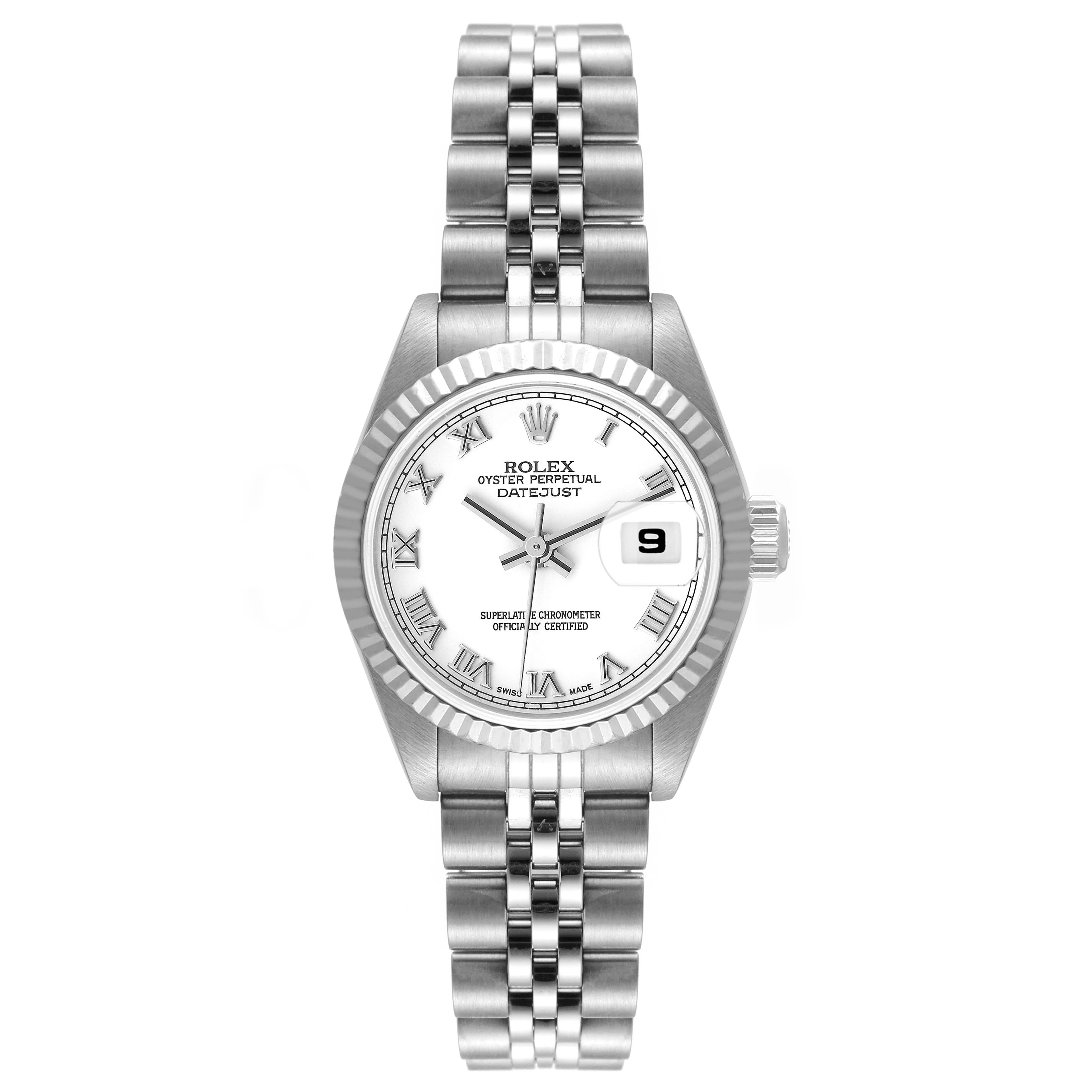 The image shows a front view of a Rolex Datejust 79174 Women's Stainless Steel White Dial 79174 Women's Stainless Steel White Dial watch, displaying the face, bezel, and bracelet.
