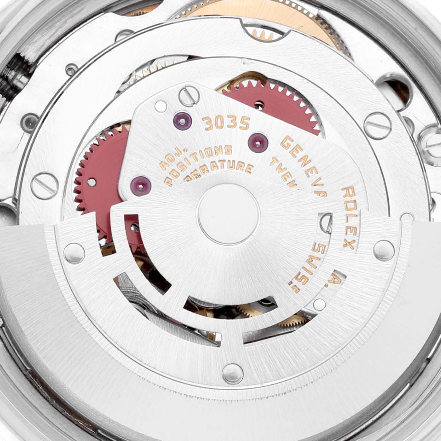 This image shows a close-up of the inner mechanical movement of a Rolex Datejust 16014 Men
s Stainless Steel Silver Dial 16014 Men
s Stainless Steel Silver Dial watch.