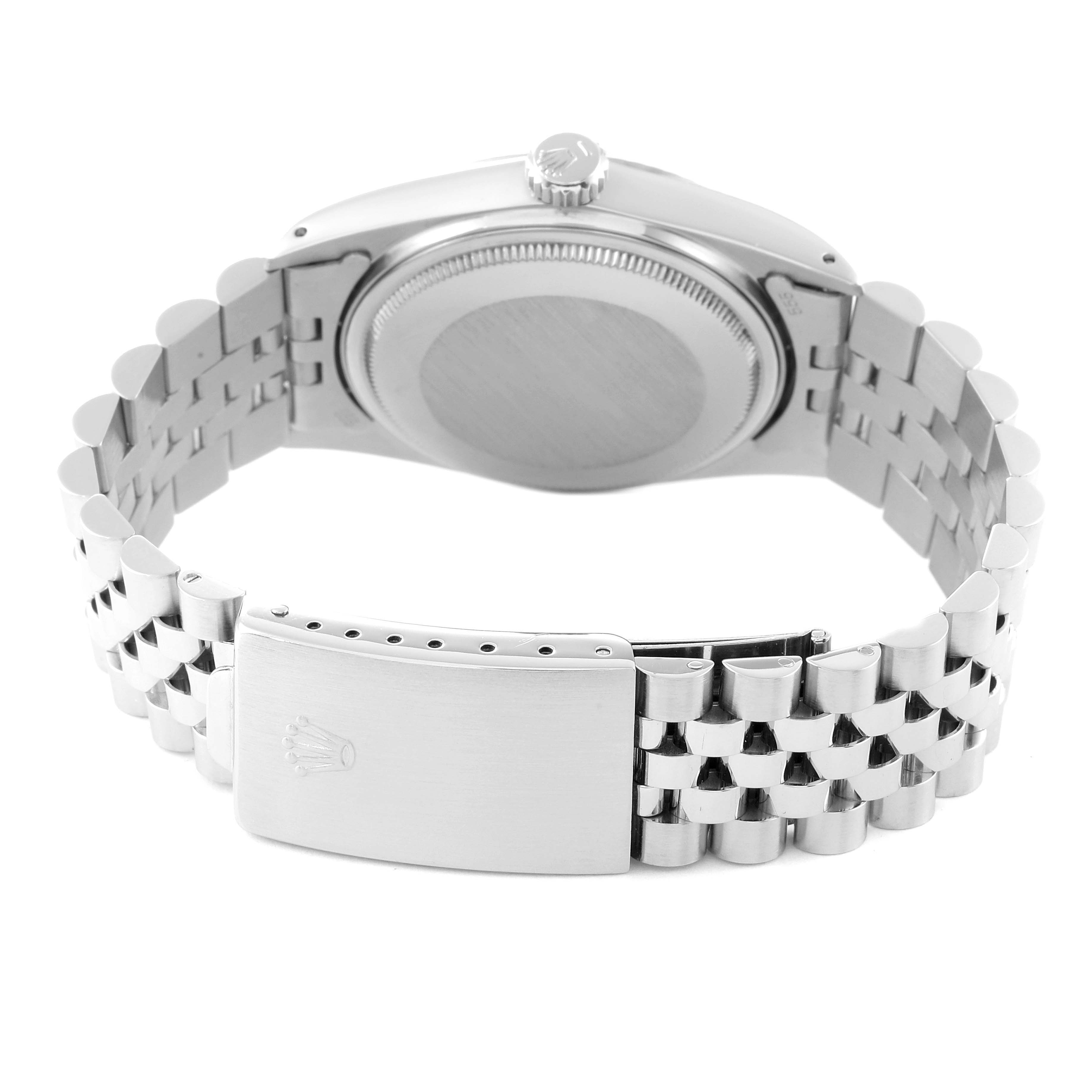 The image shows the back view of a Rolex Datejust 16014 Men
s Stainless Steel Silver Dial 16014 Men
s Stainless Steel Silver Dial watch, highlighting its stainless steel case, crown, and Jubilee bracelet with clasp.