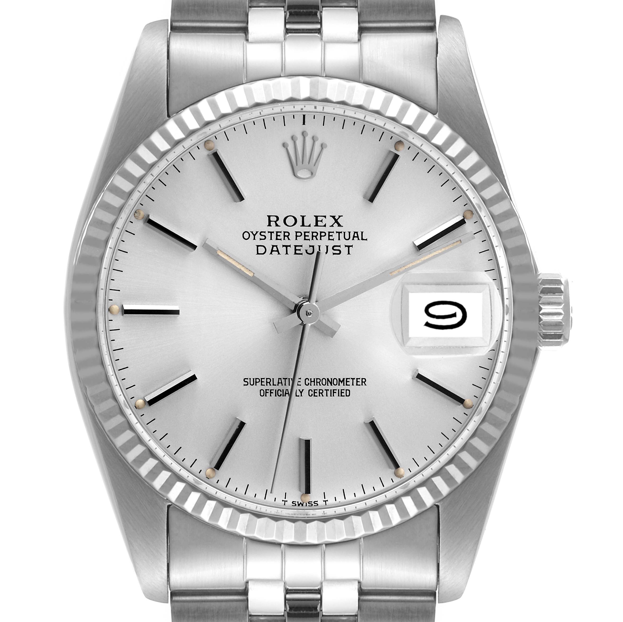 This image shows a Rolex Datejust 16014 Men
s Stainless Steel Silver Dial 16014 Men
s Stainless Steel Silver Dial watch from a front angle, highlighting the face, fluted bezel, and partially the bracelet.