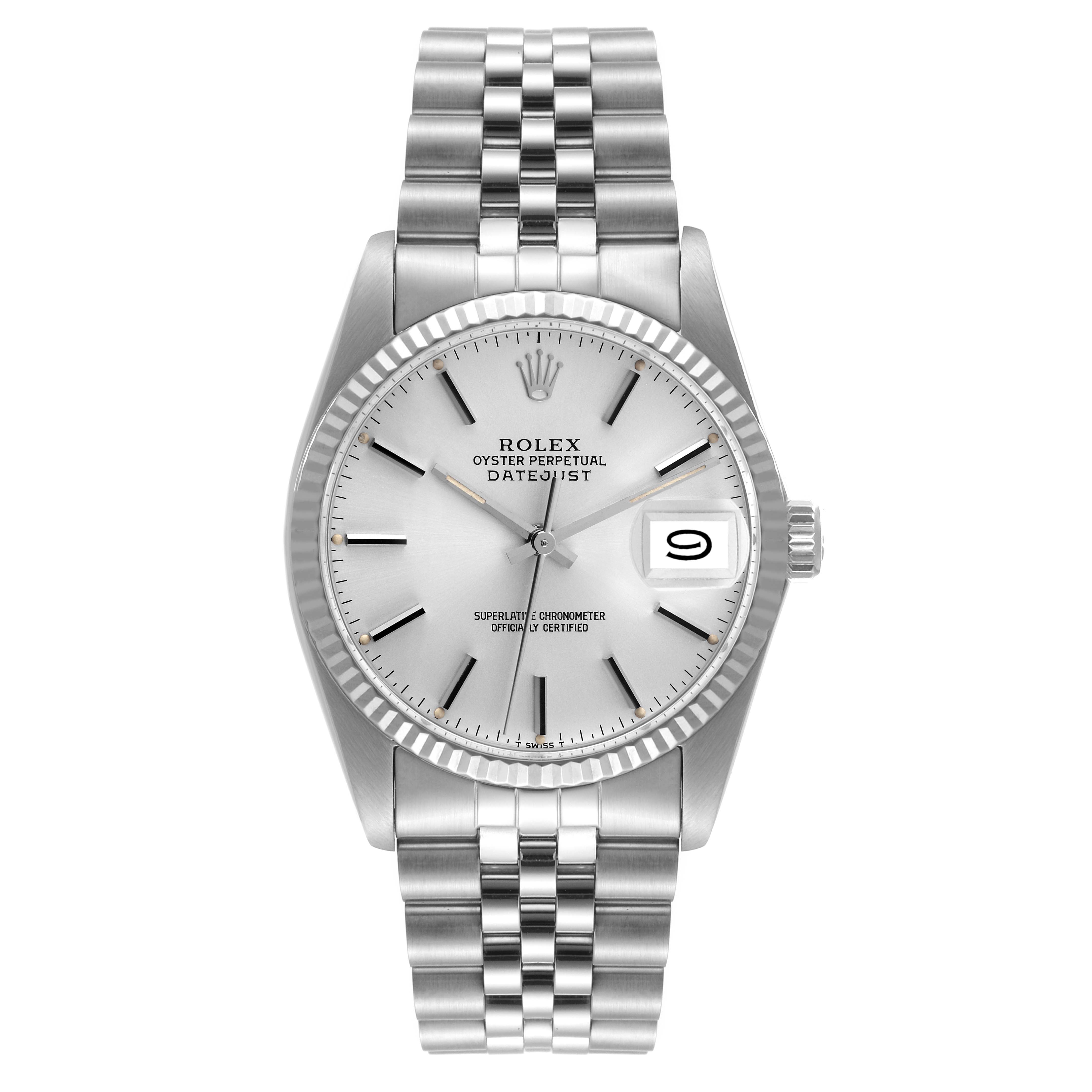 The Rolex Datejust 16014 Men
s Stainless Steel Silver Dial 16014 Men
s Stainless Steel Silver Dial watch is shown from the front, displaying the face, dial, bezel, and bracelet.