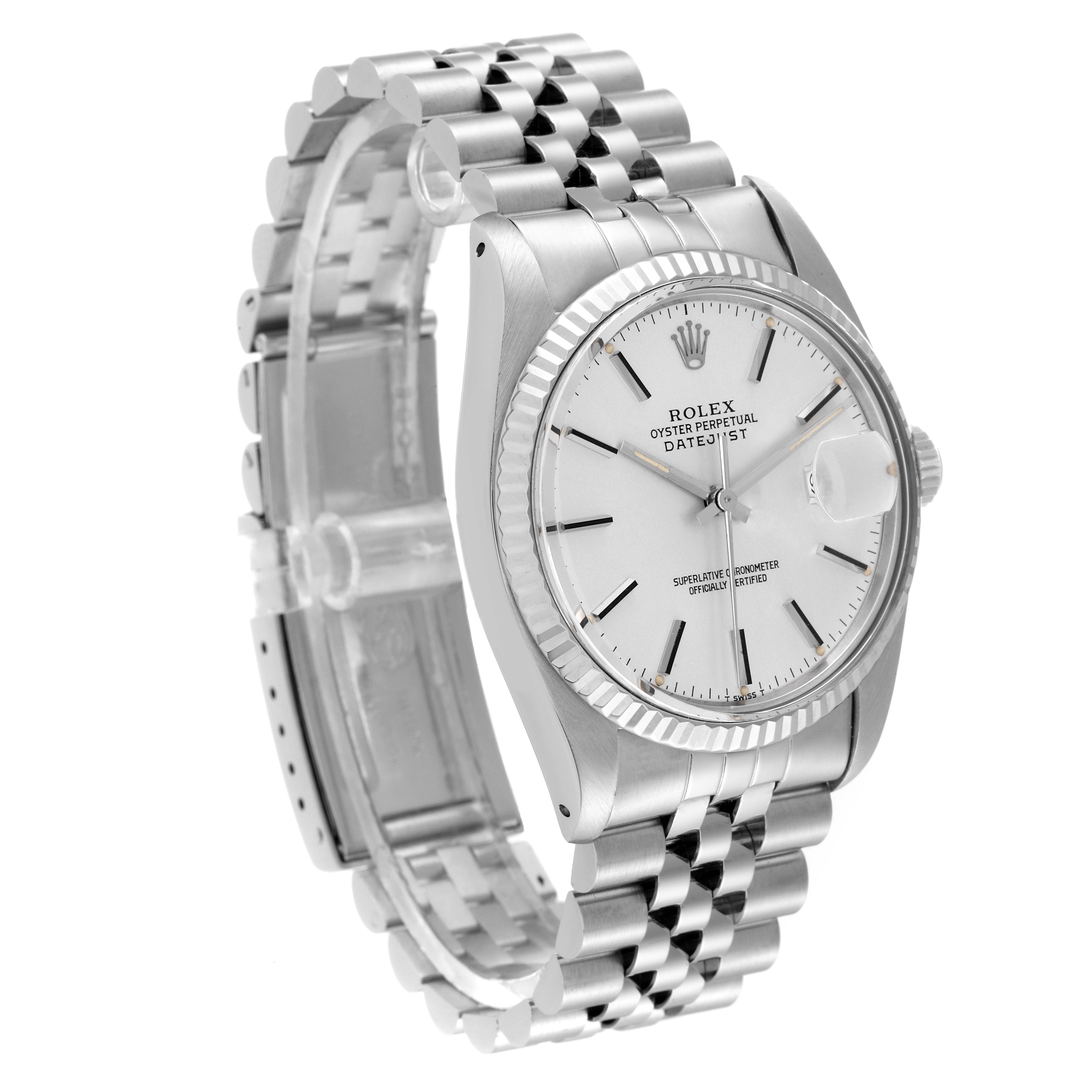 This image shows a Rolex Datejust 16014 Men
s Stainless Steel Silver Dial 16014 Men
s Stainless Steel Silver Dial watch at a three-quarter angle, highlighting its face, fluted bezel, and Jubilee bracelet.