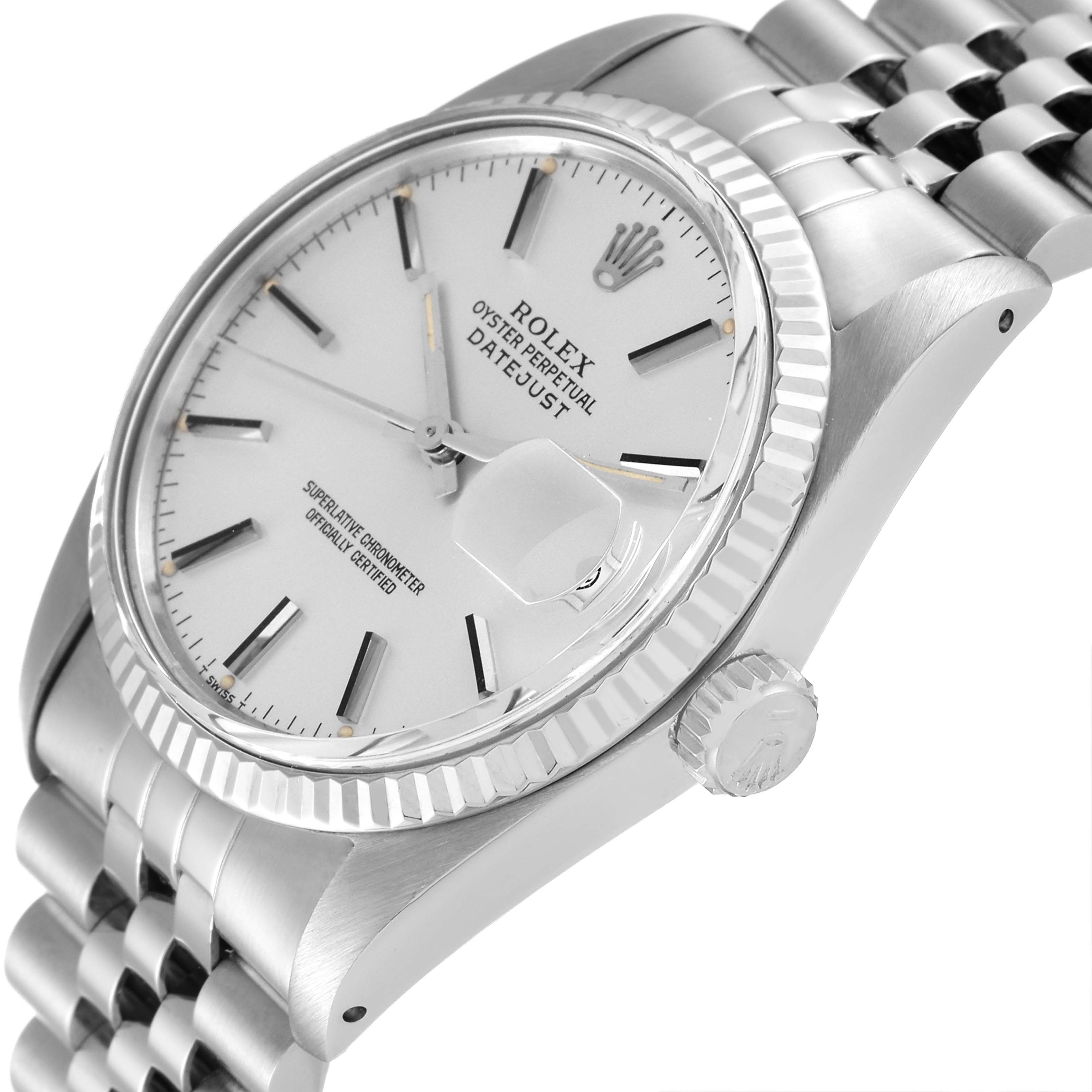 The image shows a Rolex Datejust 16014 Men
s Stainless Steel Silver Dial 16014 Men
s Stainless Steel Silver Dial watch from a side angle, highlighting the crown, bezel, and part of the bracelet.