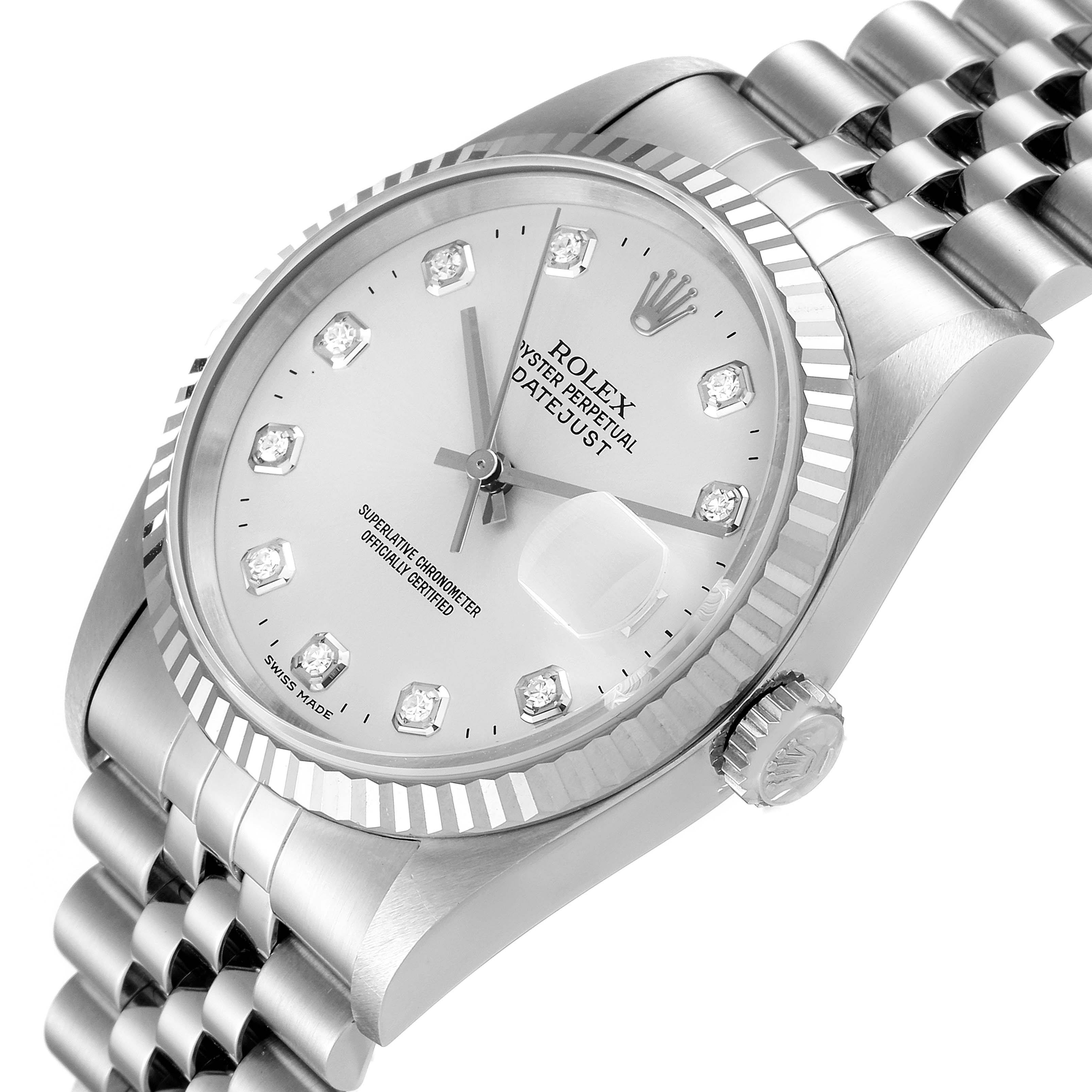 The image shows a close-up, angled view of the dial and bracelet of a Rolex Datejust 16234 Men's Stainless Steel Silver Dial 16234 Men's Stainless Steel Silver Dial watch.