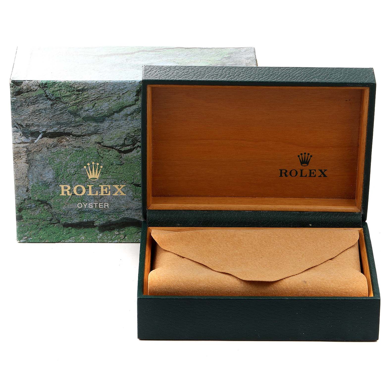 The image shows a Rolex Datejust 16234 Men's Stainless Steel Silver Dial 16234 Men's Stainless Steel Silver Dial watch box, green with a wooden interior, partially open with a protective cover inside.