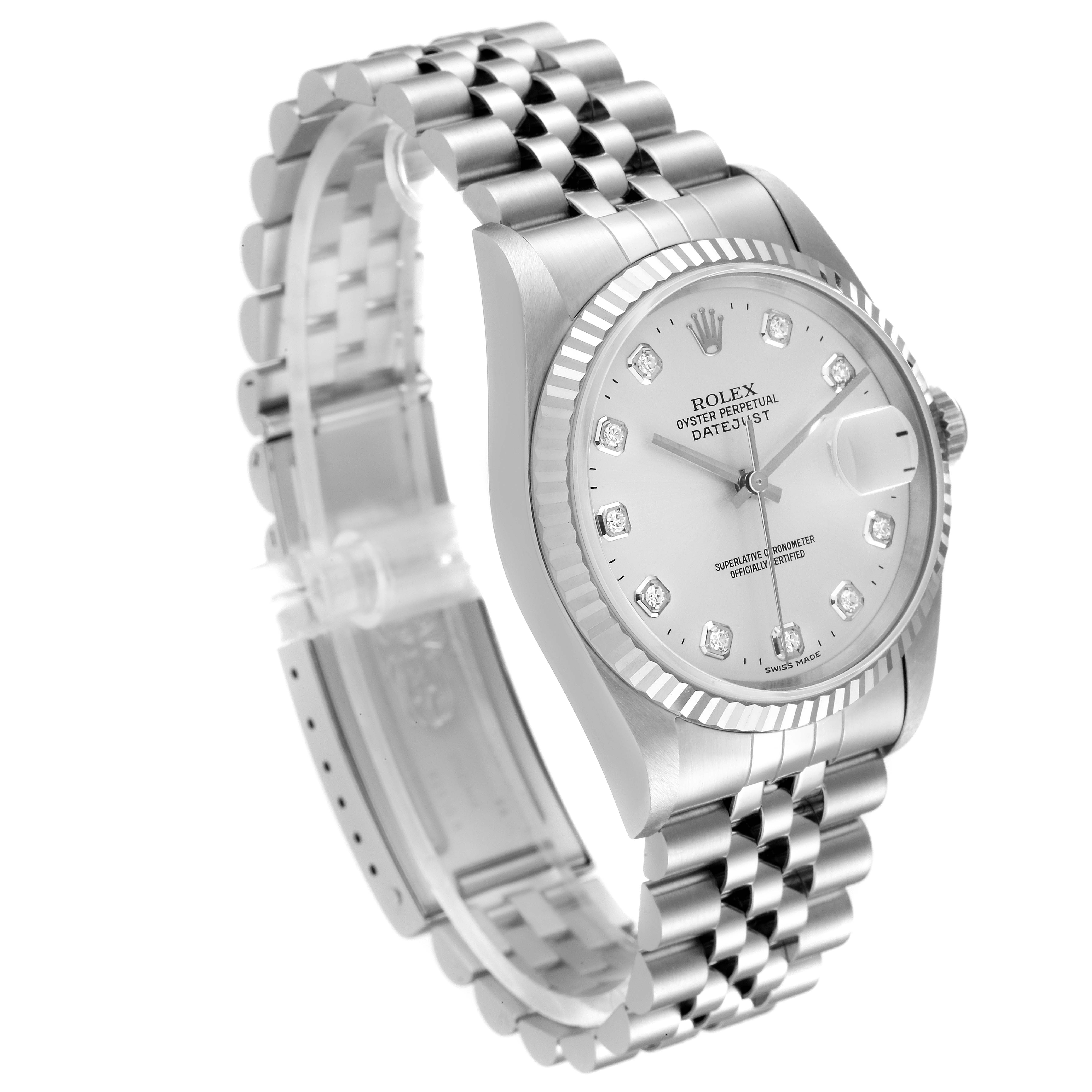 The image shows a Rolex Datejust 16234 Men's Stainless Steel Silver Dial 16234 Men's Stainless Steel Silver Dial watch, featuring its white dial, diamond hour markers, fluted bezel, and Jubilee bracelet, at an angled view.