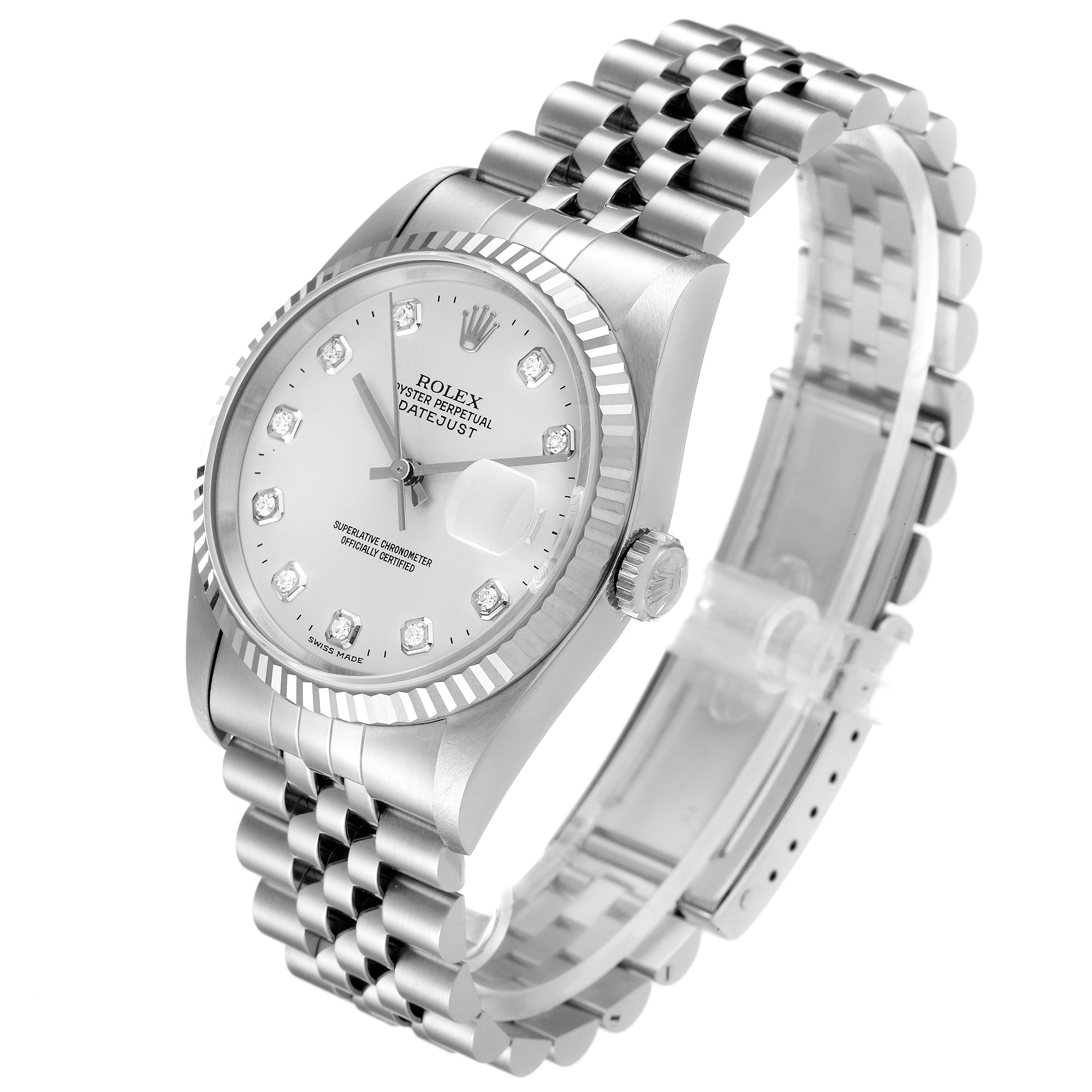 The image shows a Rolex Datejust 16234 Men's Stainless Steel Silver Dial 16234 Men's Stainless Steel Silver Dial watch at an angled view, highlighting its face, bezel, and bracelet.