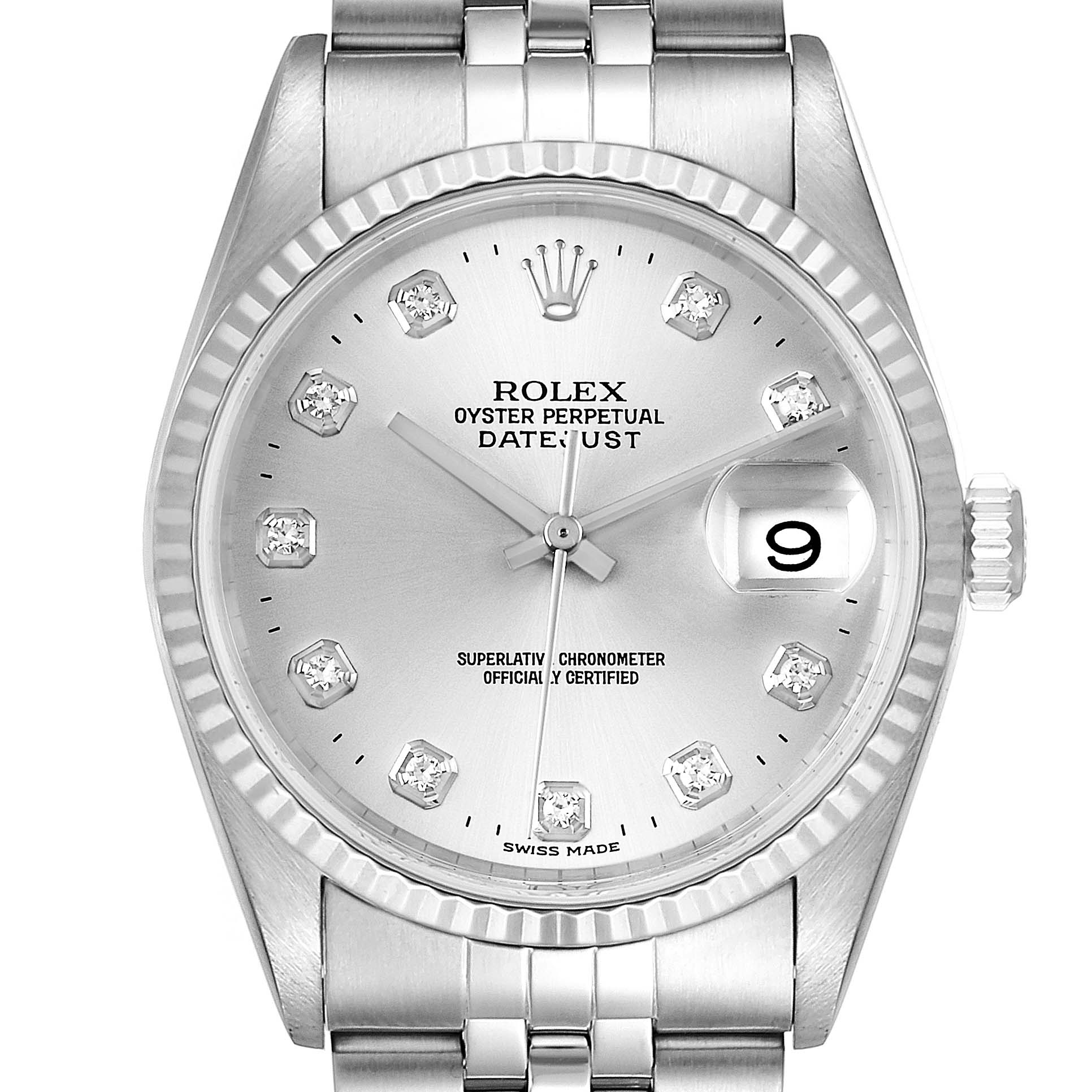 This image displays a close-up, front view of the Rolex Datejust 16234 Men's Stainless Steel Silver Dial 16234 Men's Stainless Steel Silver Dial watch, showcasing its dial and bracelet.