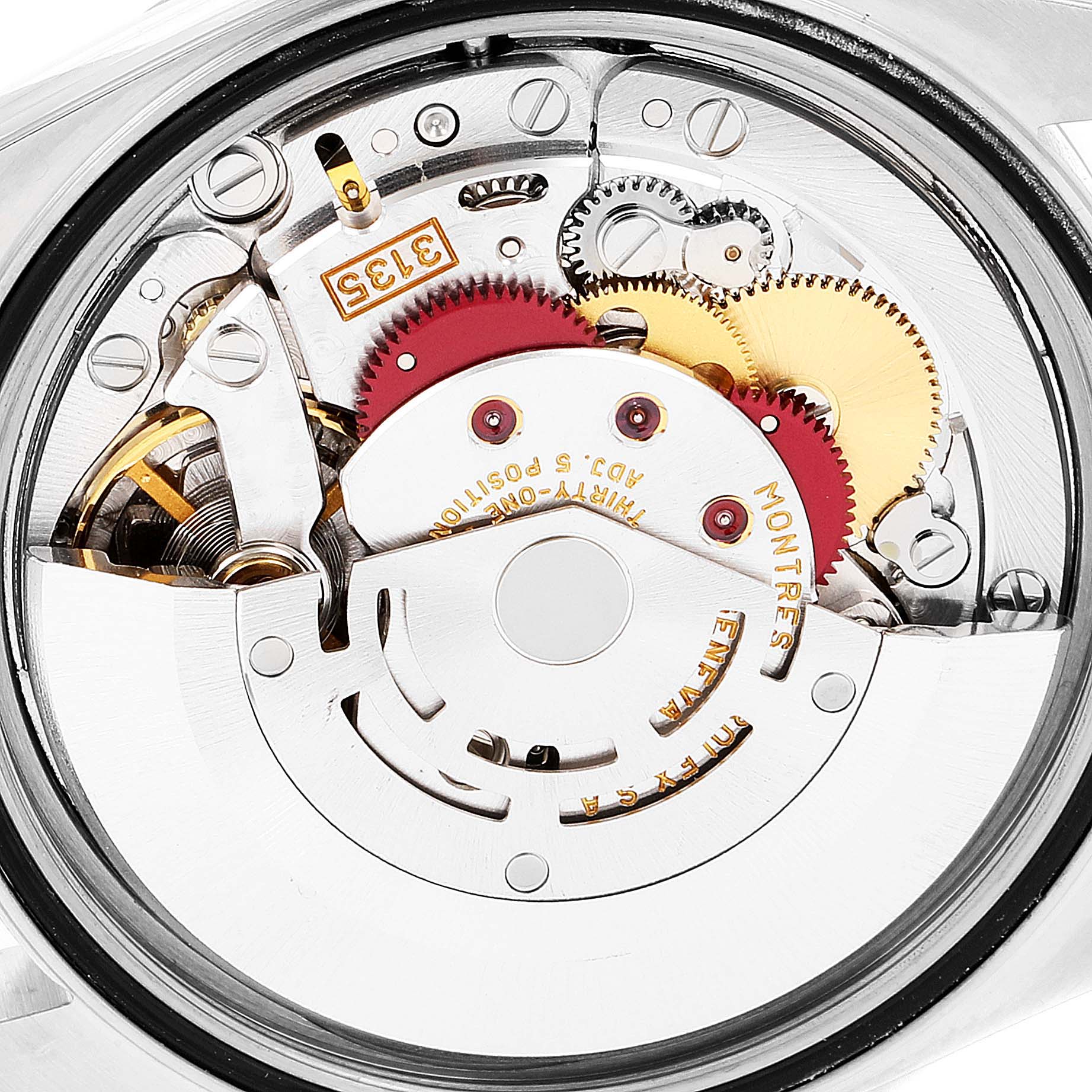 The image shows the inner mechanical movement of a Rolex Datejust 16234 Men's Stainless Steel Silver Dial 16234 Men's Stainless Steel Silver Dial watch from a close-up, top-down angle.