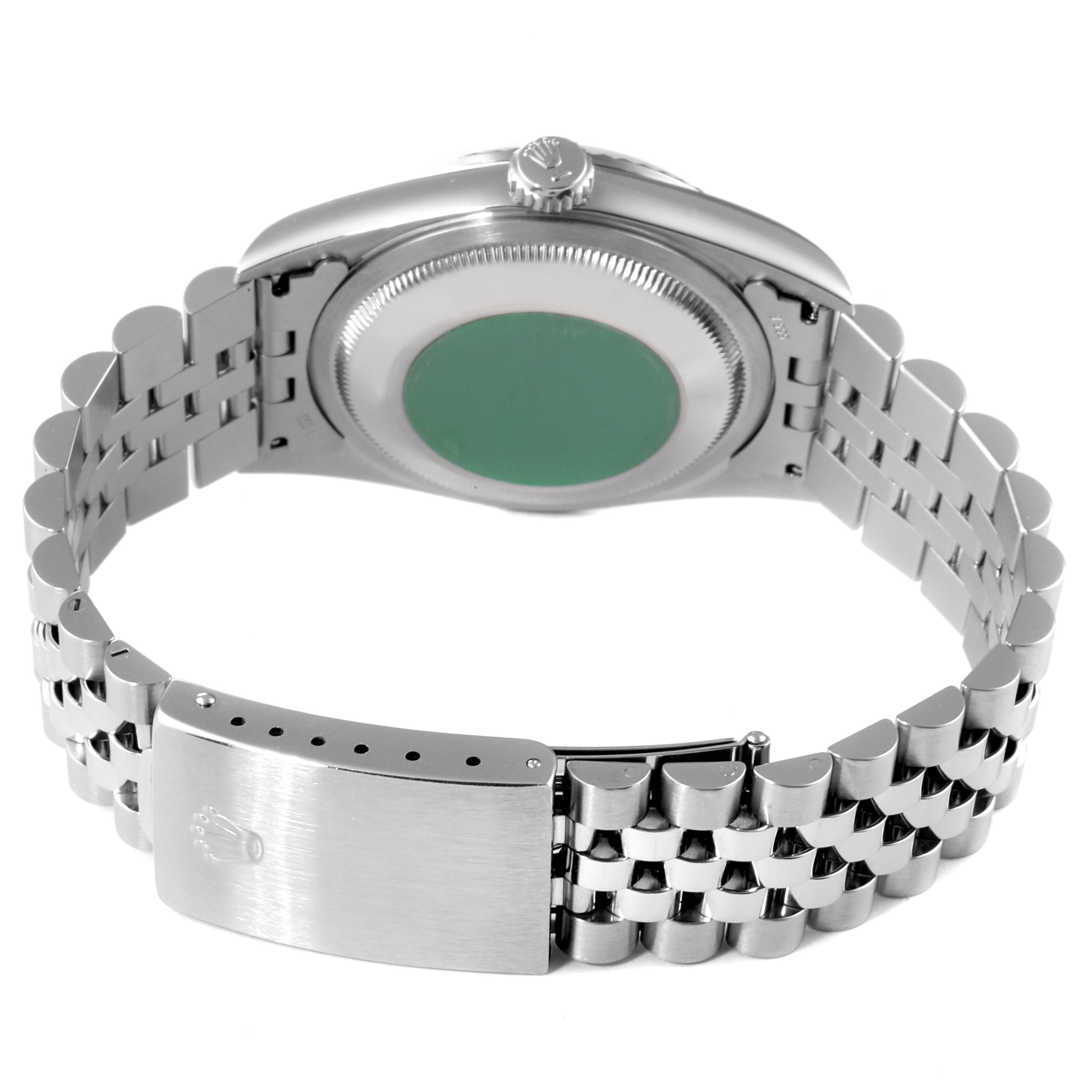 This image shows the back view of a Rolex Datejust 16234 Men's Stainless Steel Silver Dial 16234 Men's Stainless Steel Silver Dial watch, including the case back, bracelet, and clasp.