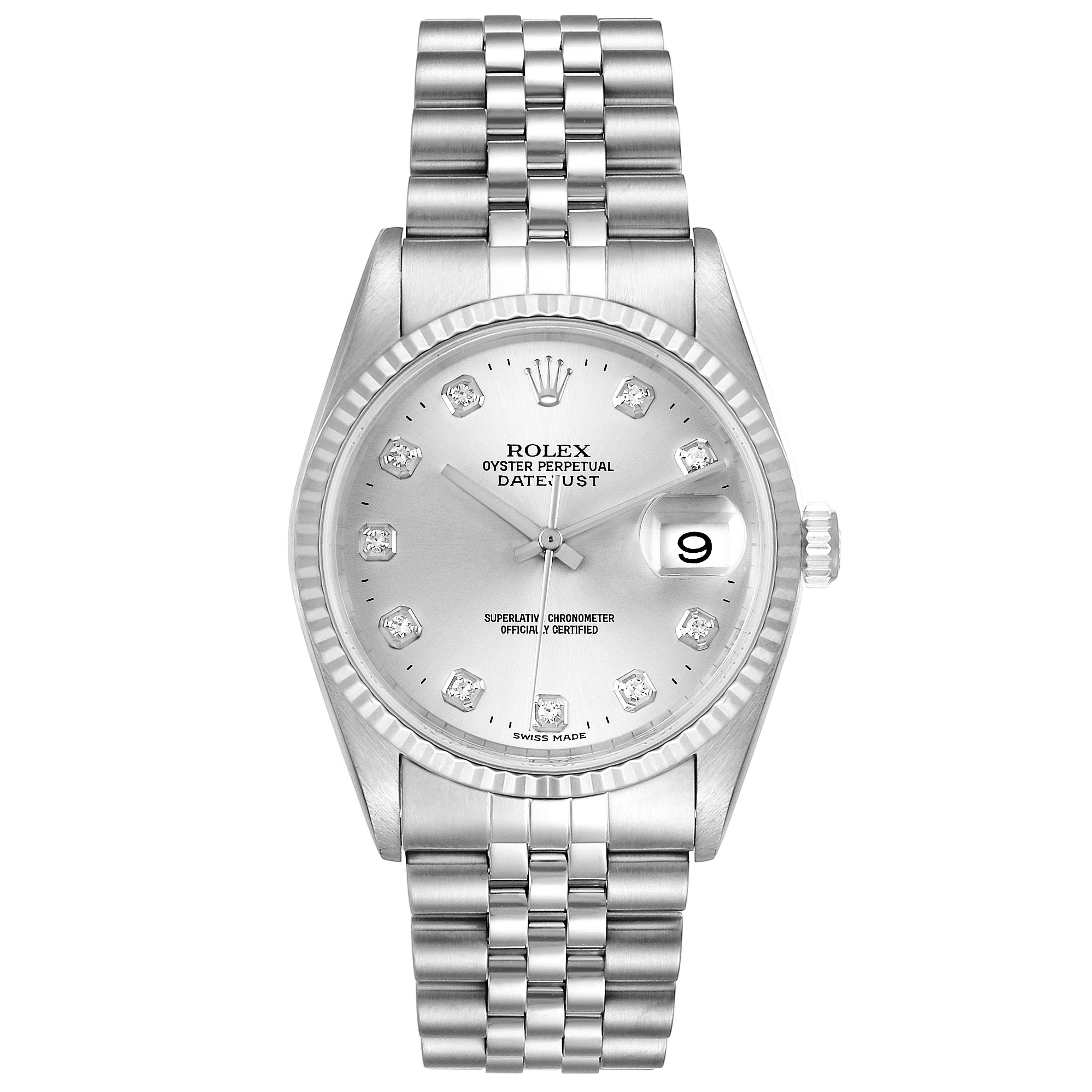 The image shows a front view of the Rolex Datejust 16234 Men's Stainless Steel Silver Dial 16234 Men's Stainless Steel Silver Dial watch, highlighting the dial, hands, date window, and bracelet.