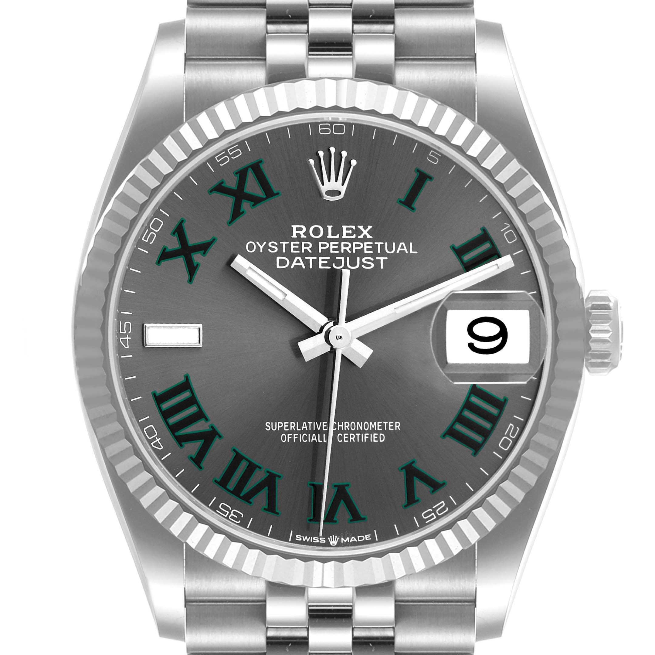 The image shows a close-up of the dial, bezel, and bracelet of a Rolex Datejust 126234 Men
s Stainless Steel Grey Dial 126234 Men
s Stainless Steel Grey Dial watch.