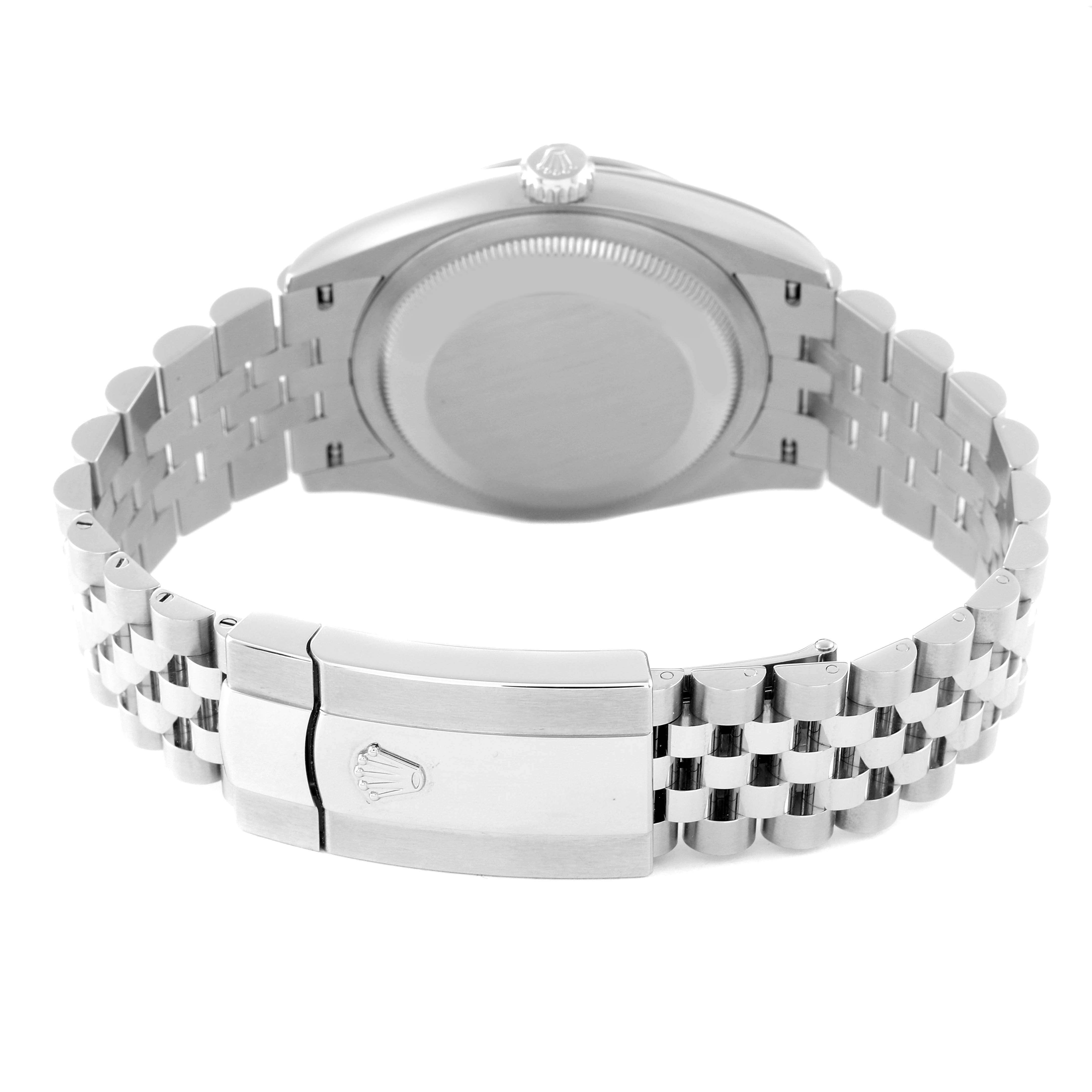 The image shows the back case, crown, and bracelet clasp of a Rolex Datejust 126234 Men
s Stainless Steel Grey Dial 126234 Men
s Stainless Steel Grey Dial watch.