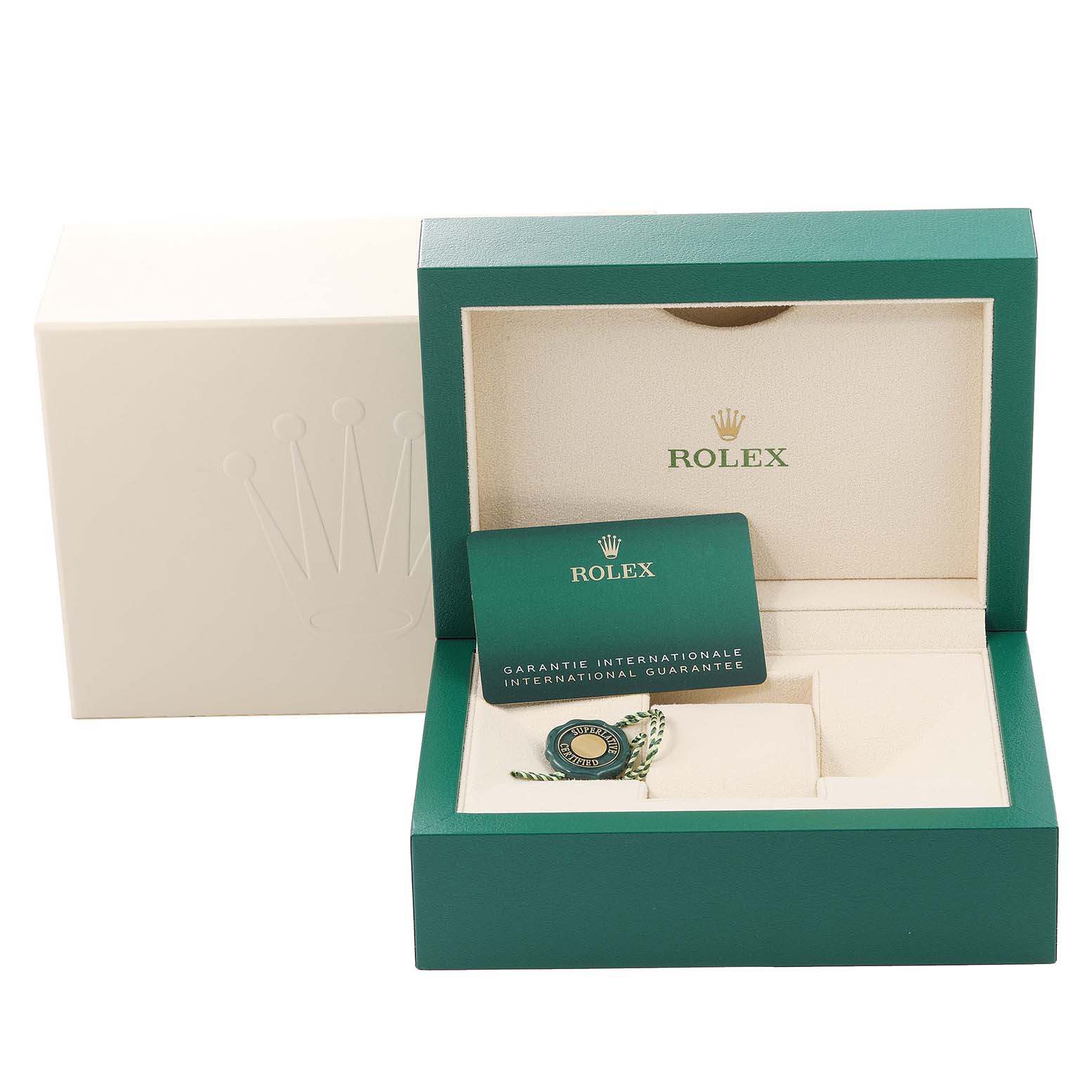 This image shows the open box and guarantee card for the Rolex Datejust 126234 Men
s Stainless Steel Grey Dial 126234 Men
s Stainless Steel Grey Dial model, viewed from the front.