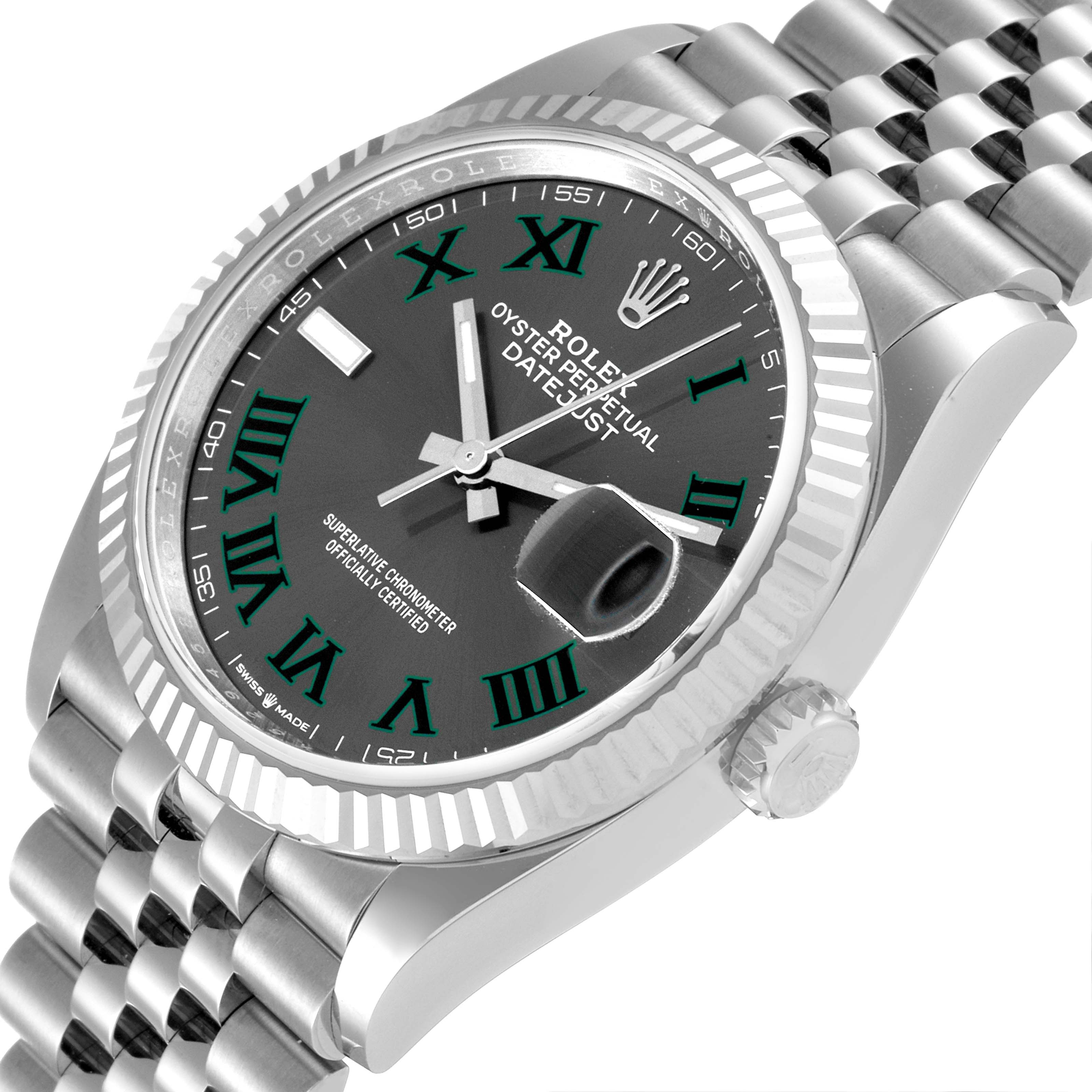 This image shows a Rolex Datejust 126234 Men
s Stainless Steel Grey Dial 126234 Men
s Stainless Steel Grey Dial watch, focusing on its face, bezel, crown, and part of the bracelet.