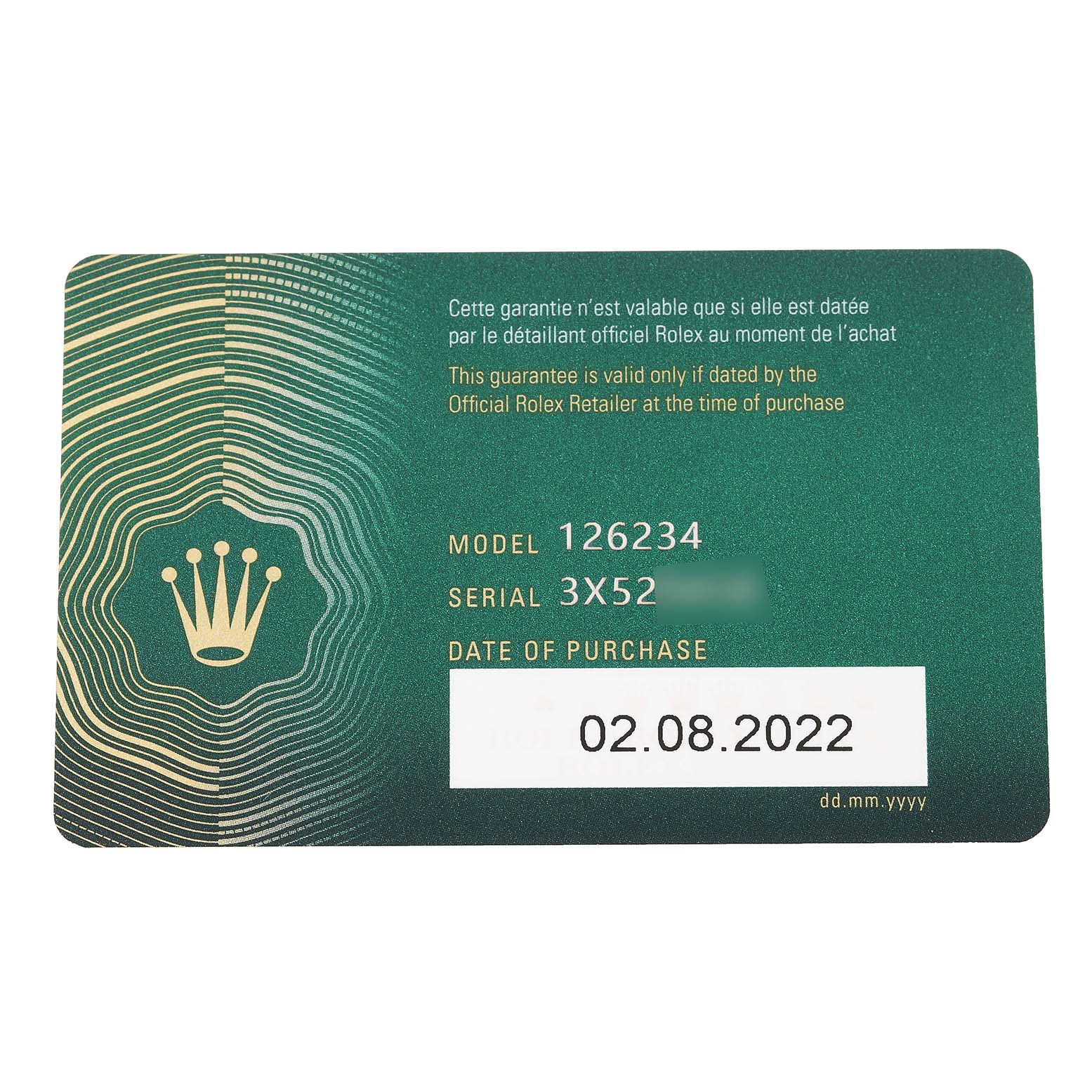 This is a warranty card for the Rolex Datejust 126234 Men
s Stainless Steel Grey Dial 126234 Men
s Stainless Steel Grey Dial model 126234, displaying model number, serial number, and date of purchase.