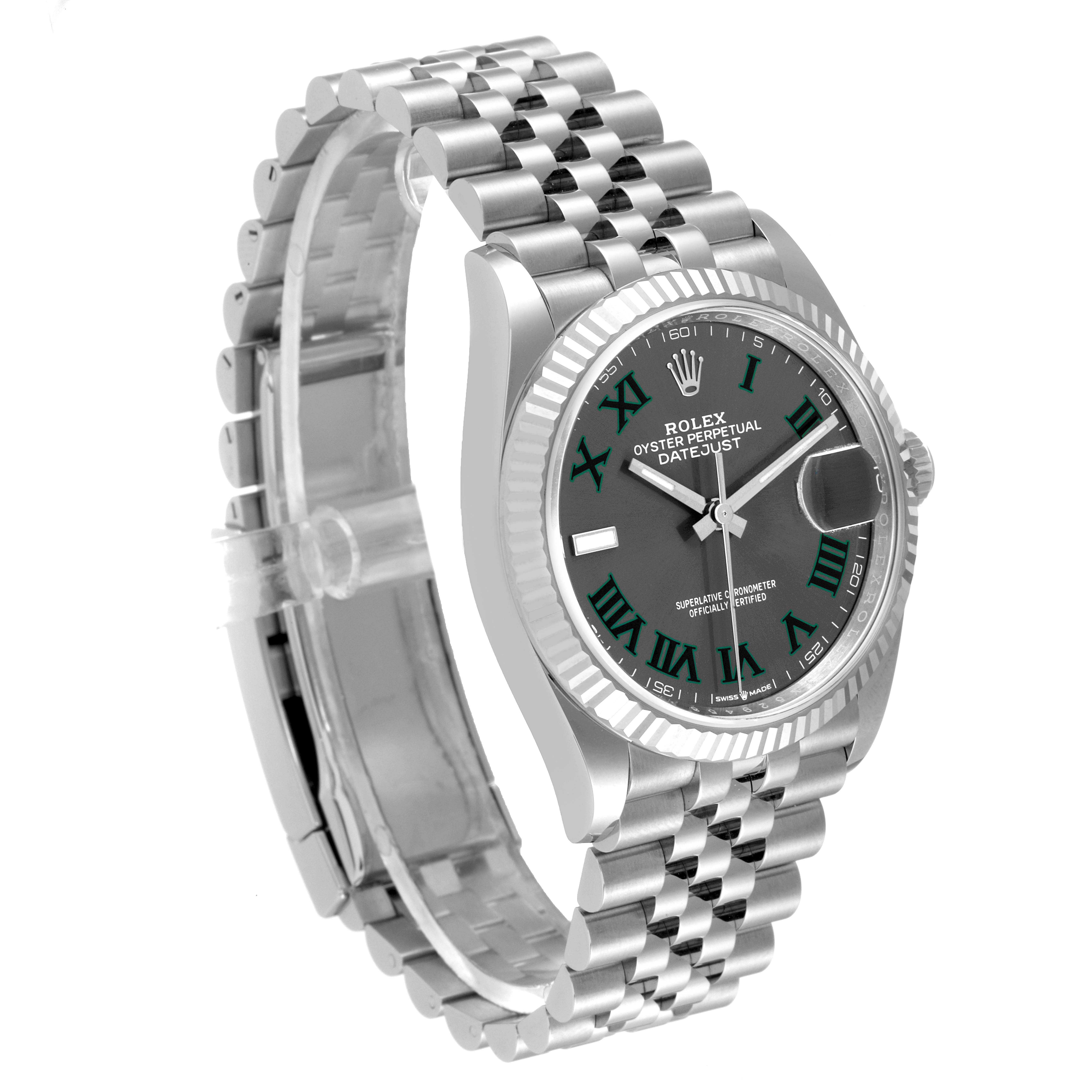 The image shows a side angle of the Rolex Datejust 126234 Men
s Stainless Steel Grey Dial 126234 Men
s Stainless Steel Grey Dial watch, highlighting the dial, bezel, and bracelet.