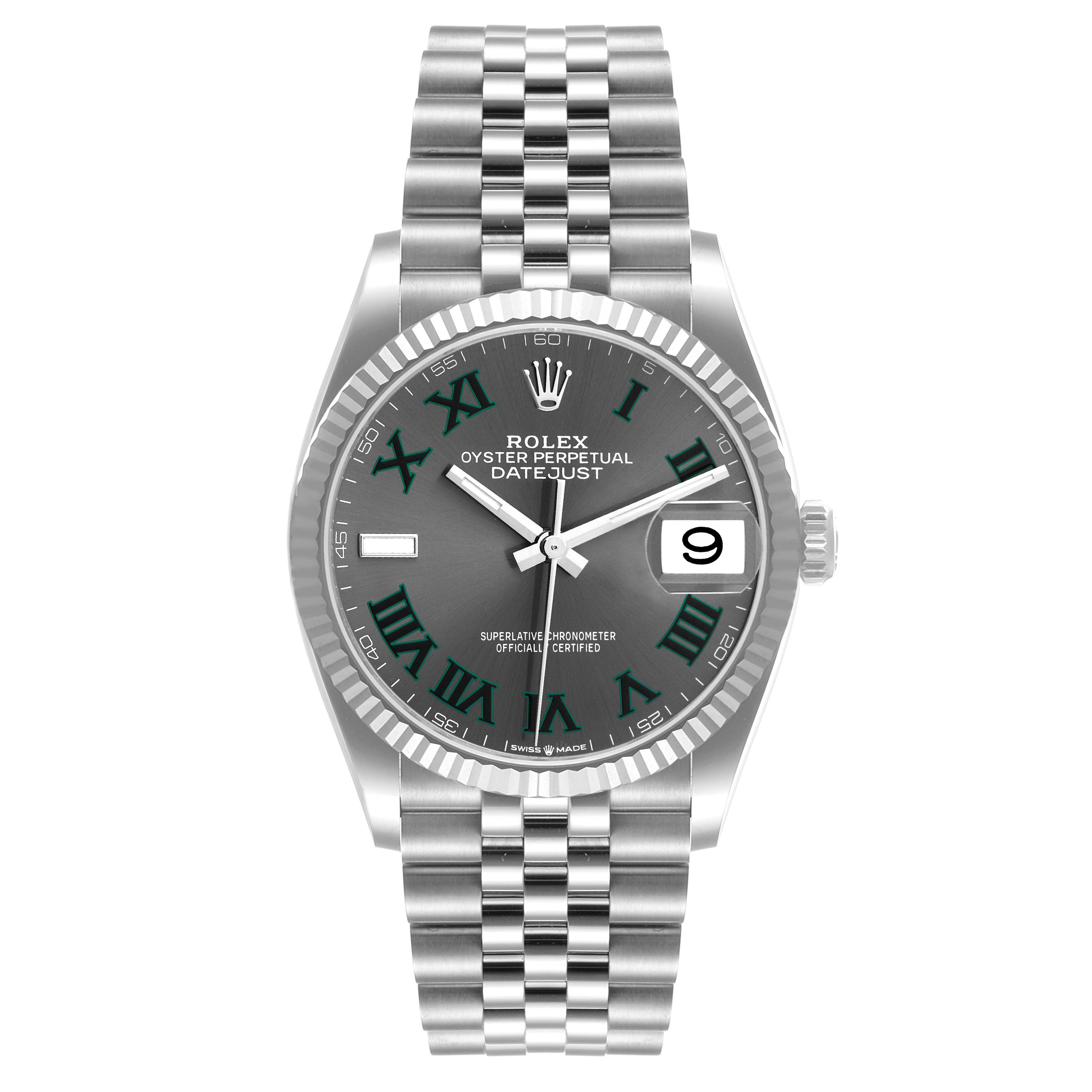 The image shows a front view of a Rolex Datejust 126234 Men
s Stainless Steel Grey Dial 126234 Men
s Stainless Steel Grey Dial watch, displaying its dial, hands, date window, and bracelet.