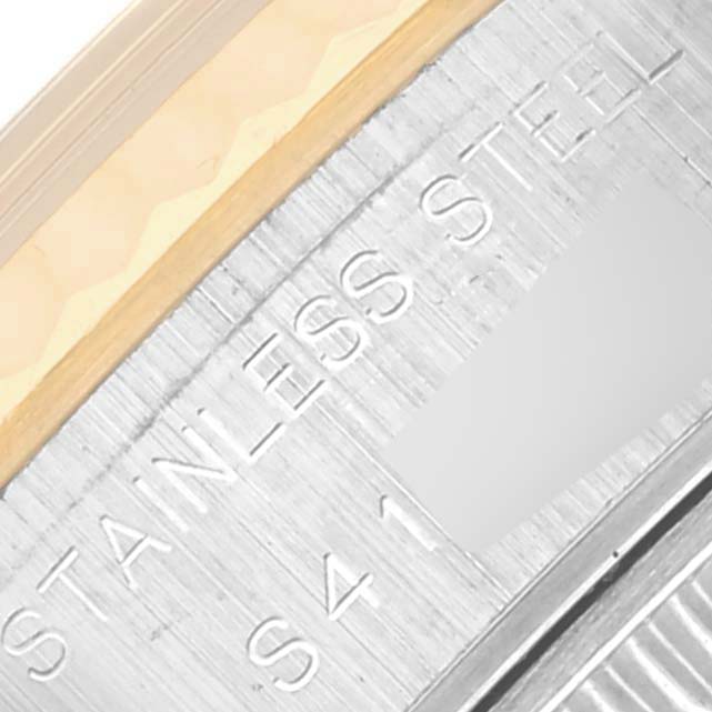 The image shows a close-up of the case back engraving on a Rolex Datejust 69173 Women's Steel and Gold (two tone) Black Dial 69173 Women's Steel and Gold (two tone) Black Dial, highlighting "STAINLESS STEEL".