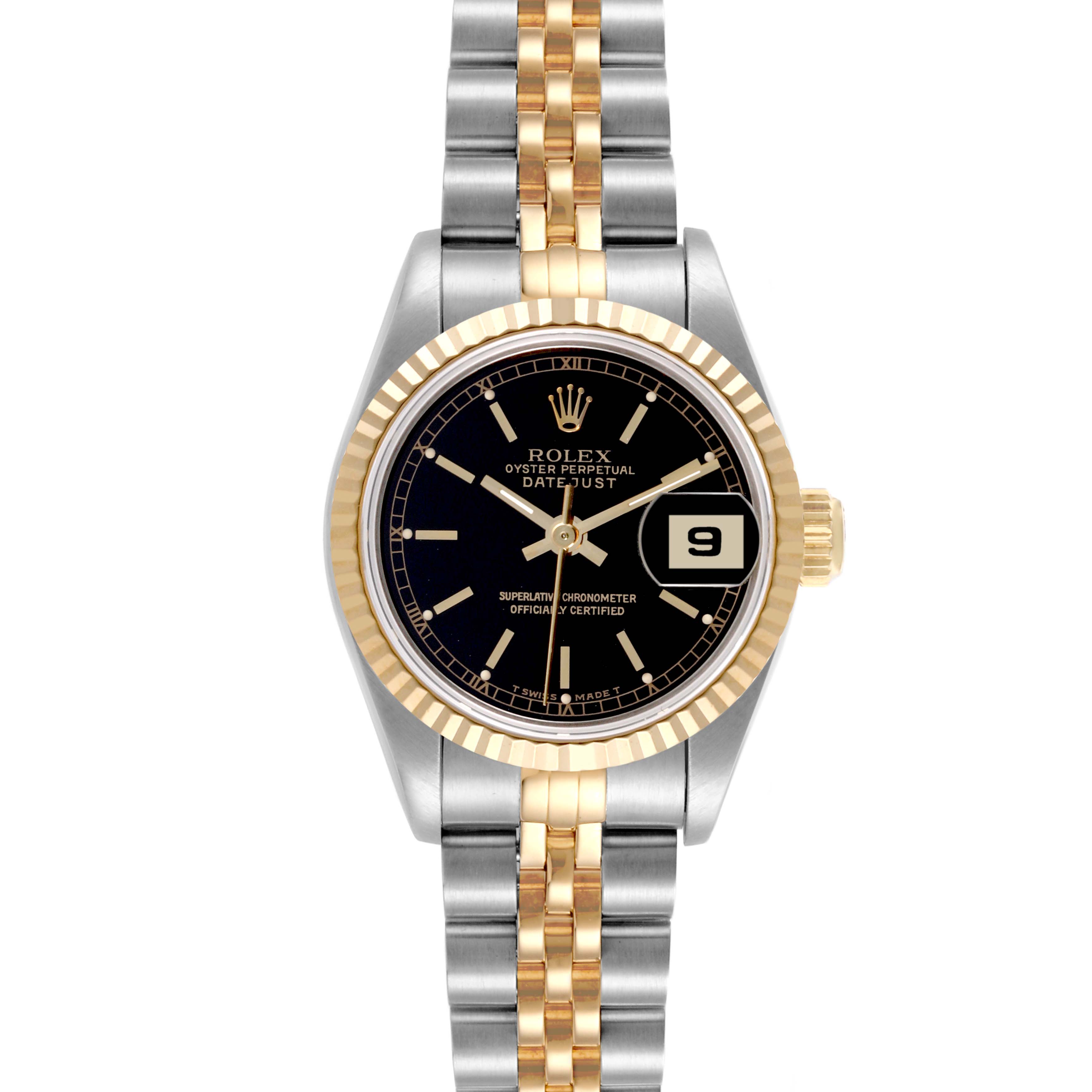 The Rolex Datejust 69173 Women's Steel and Gold (two tone) Black Dial 69173 Women's Steel and Gold (two tone) Black Dial watch is shown from a top view, displaying the dial, bezel, case, bracelet, and crown.