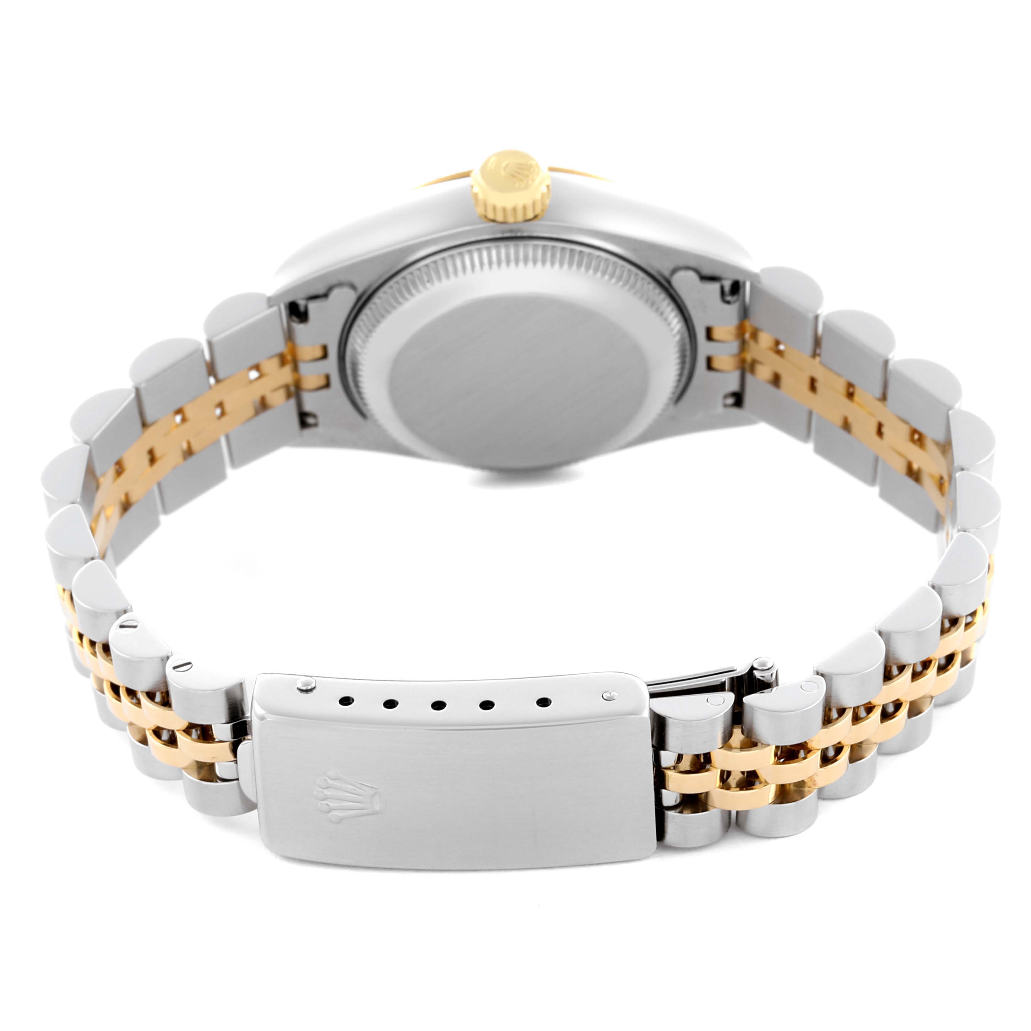 The image shows the back case, crown, and Jubilee bracelet of a Rolex Datejust 69173 Women's Steel and Gold (two tone) Black Dial 69173 Women's Steel and Gold (two tone) Black Dial, viewed from the rear.